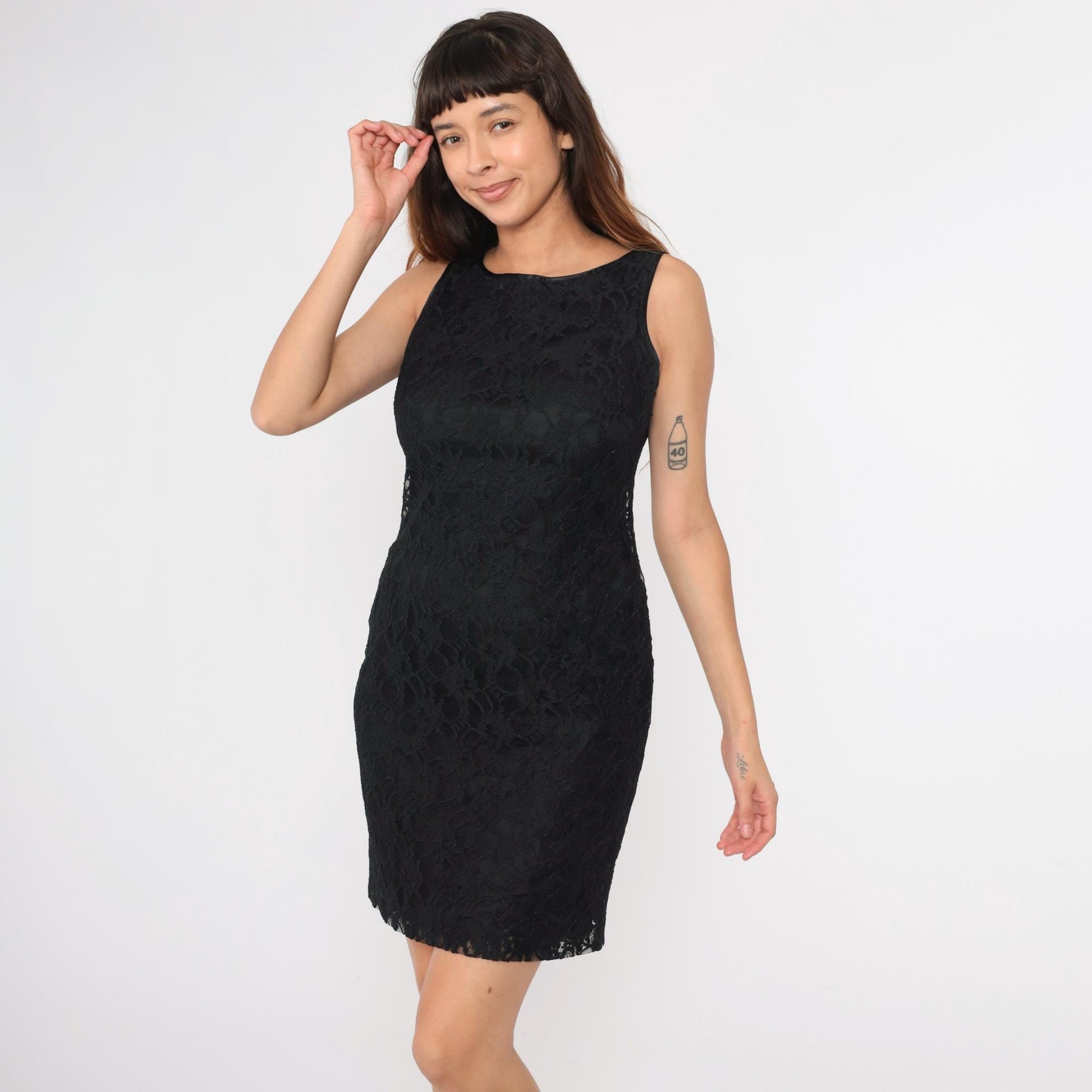 90s Talbots Black Lace Mini Sheath Dress Sleeveless Medium 8