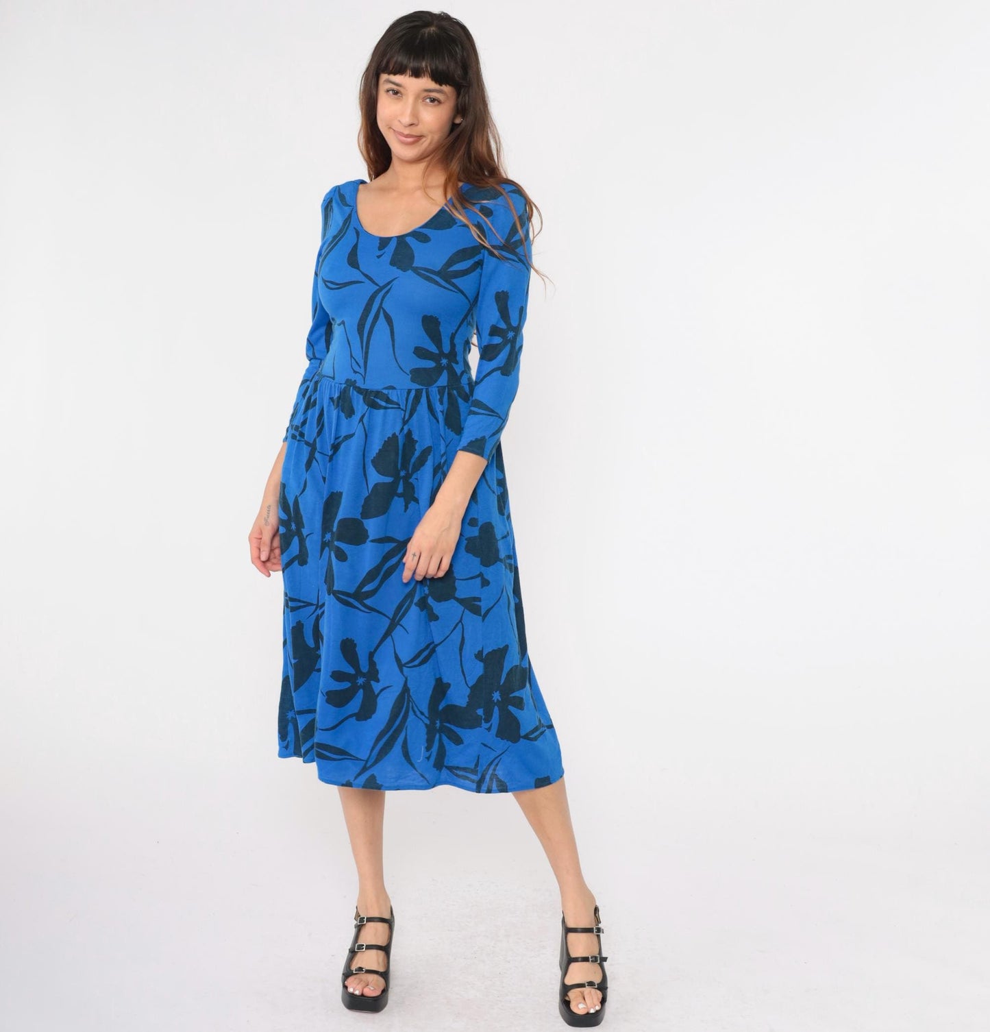 80s Blue Floral Midi Dress Puff Sleeve Fit and Flare Low Waist Small
