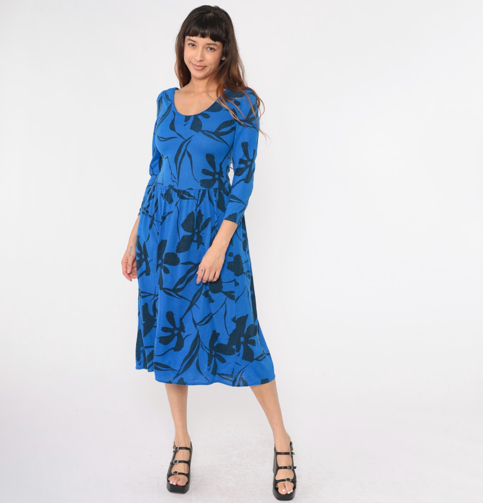 80s Blue Floral Midi Dress Puff Sleeve Fit and Flare Low Waist Small