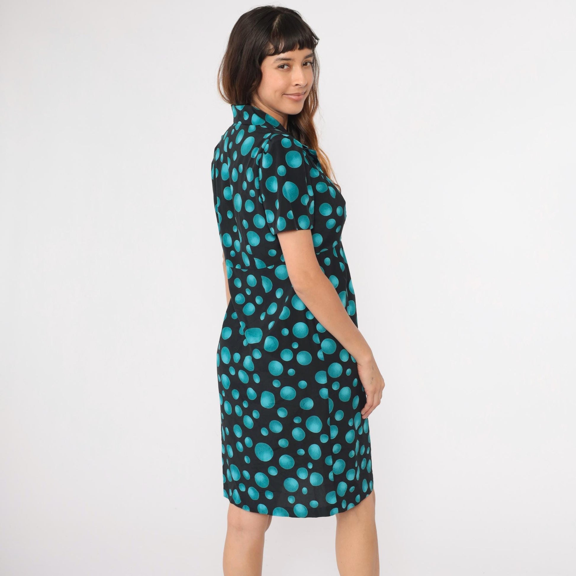 90s Black Teal Polka Dot Midi Dress Puff Sleeve High Waist Medium
