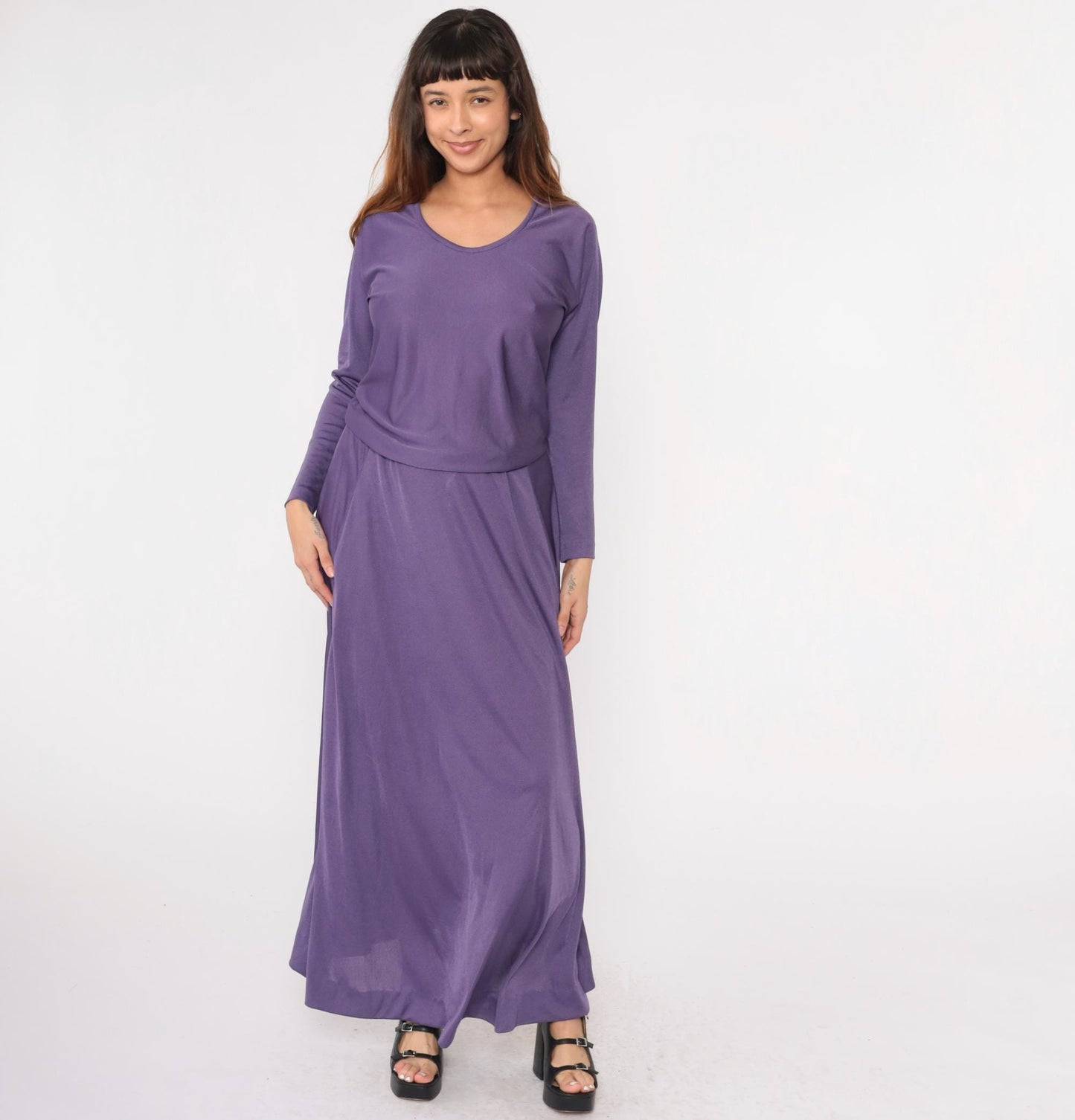 1970s Purple Maxi Dress Blouson High Waist Scoop Neck Long Sleeve Medium