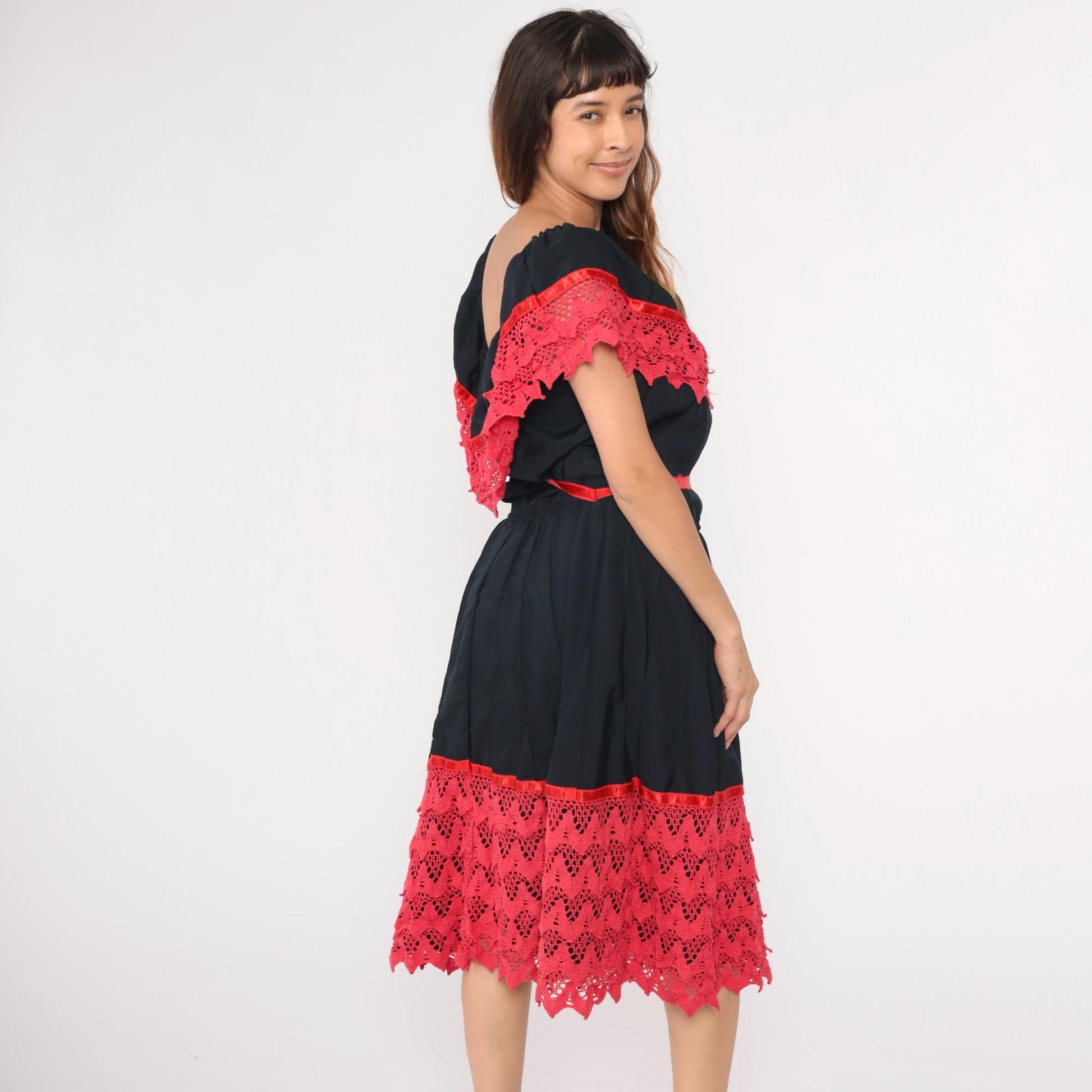 80s Black Peasant Dress Fuchsia Crochet Lace Off-Shoulder Midi Medium Large