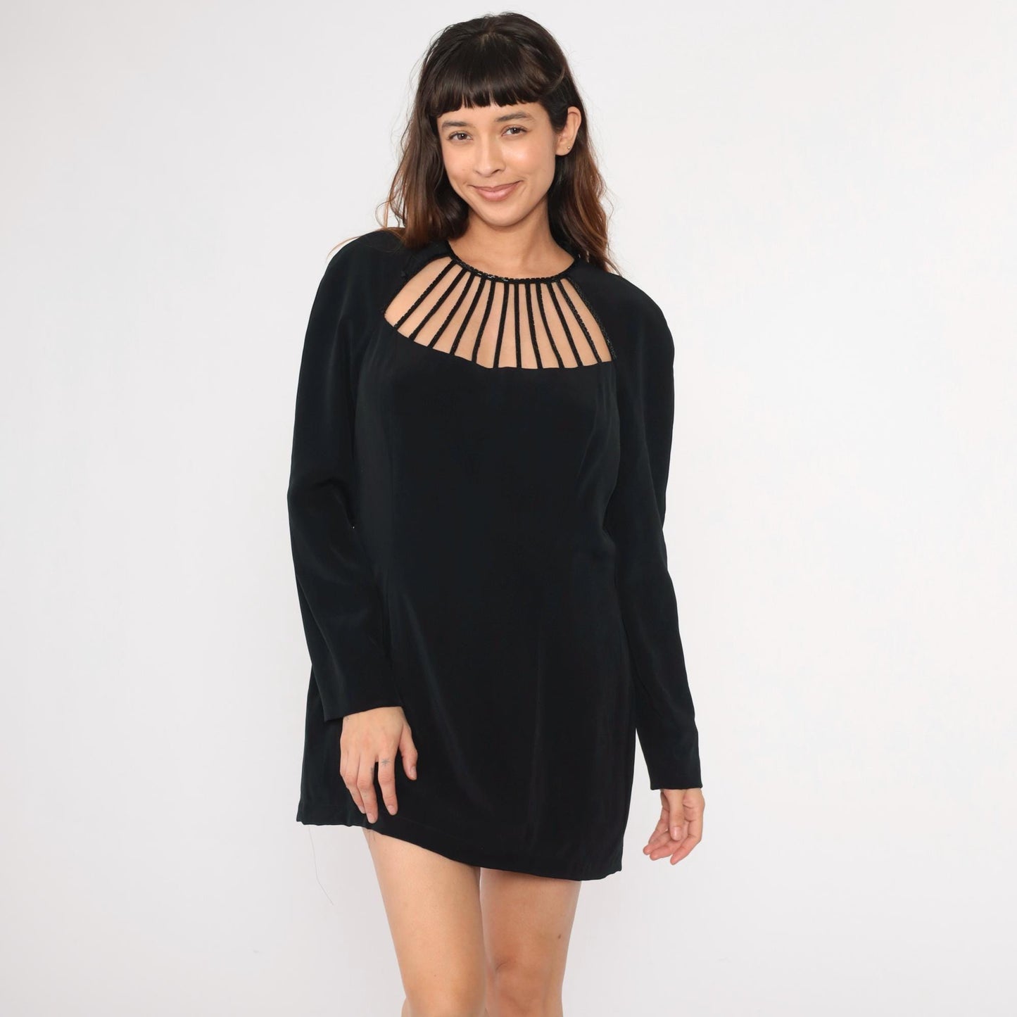 90s Black Beaded Cage Neckline Mini Dress Long Sleeve Sheath Large L