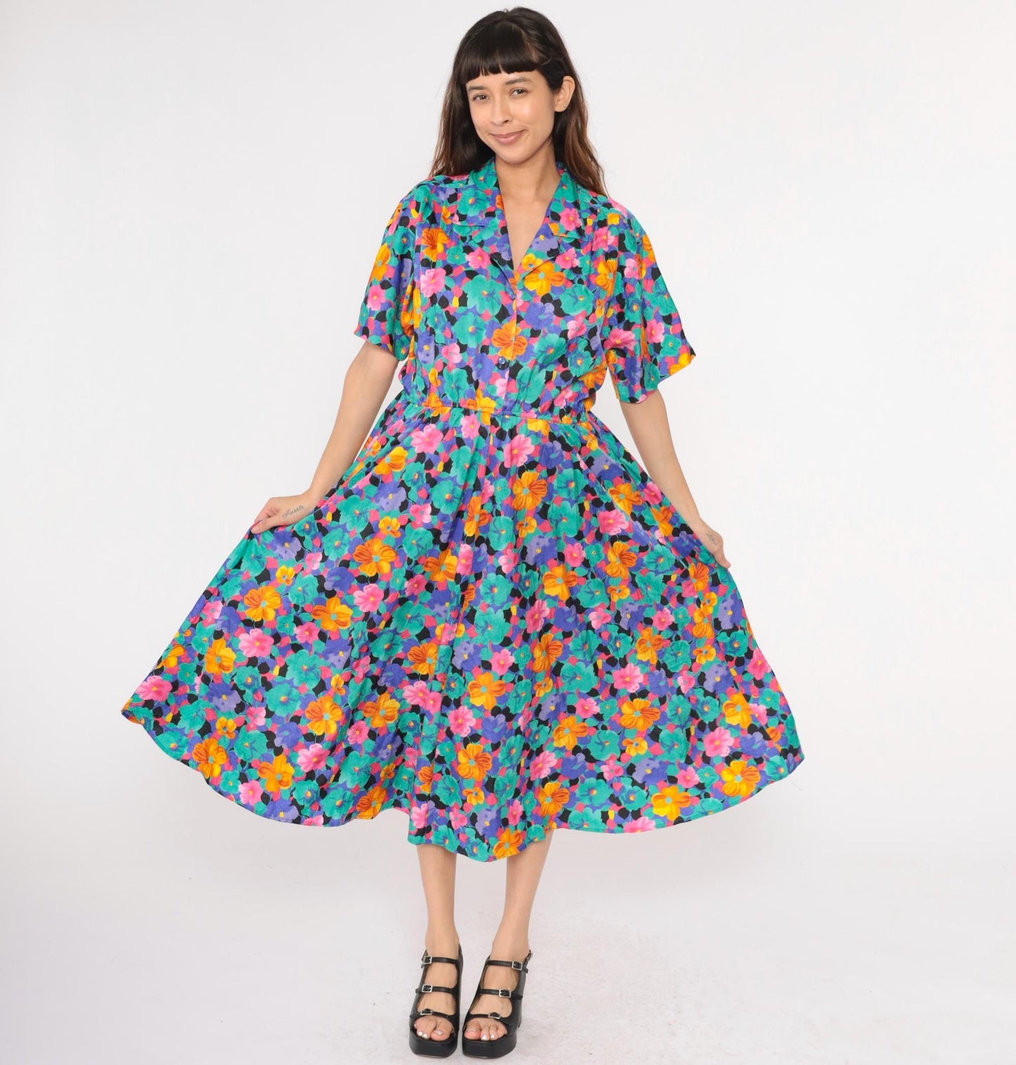 80s Floral Midi Shirtdress High Waist Button Front Turquoise Pink Blue Medium