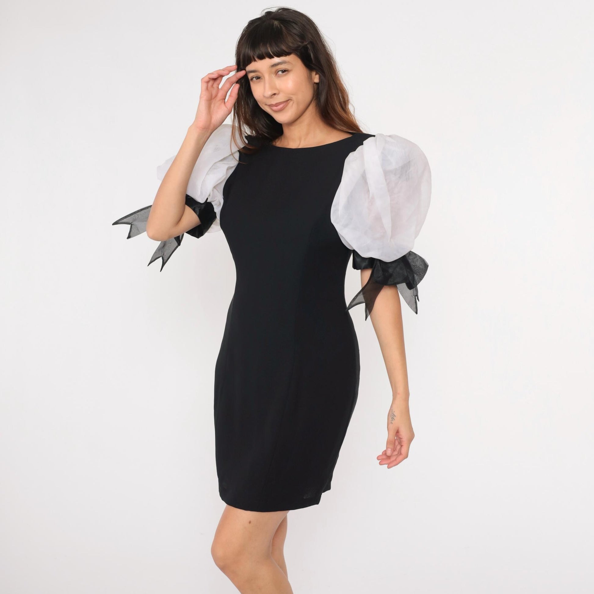 80s Black Organza Puff Sleeve Mini Dress with Bow Cuffs Small