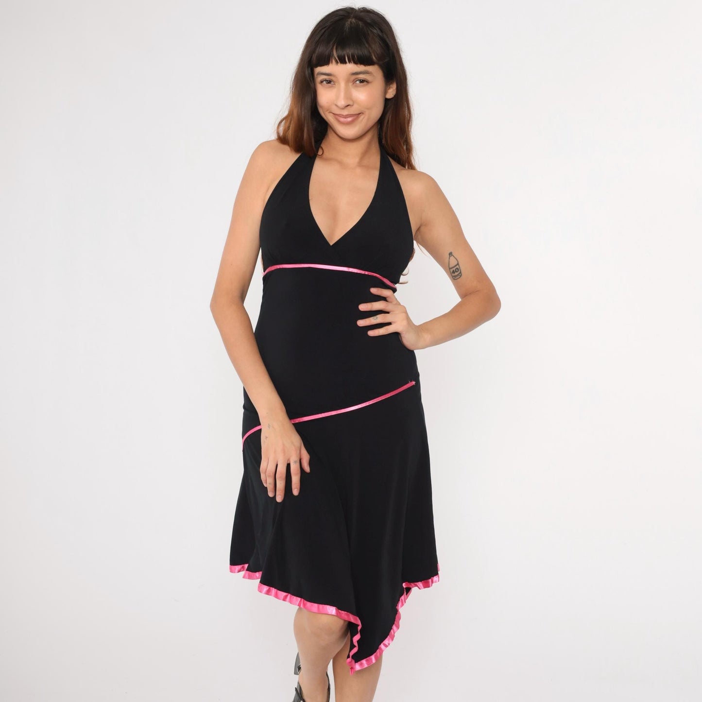 Y2K Black Halter Midi Dress Asymmetrical Hanky Hem Pink Trim Small Medium