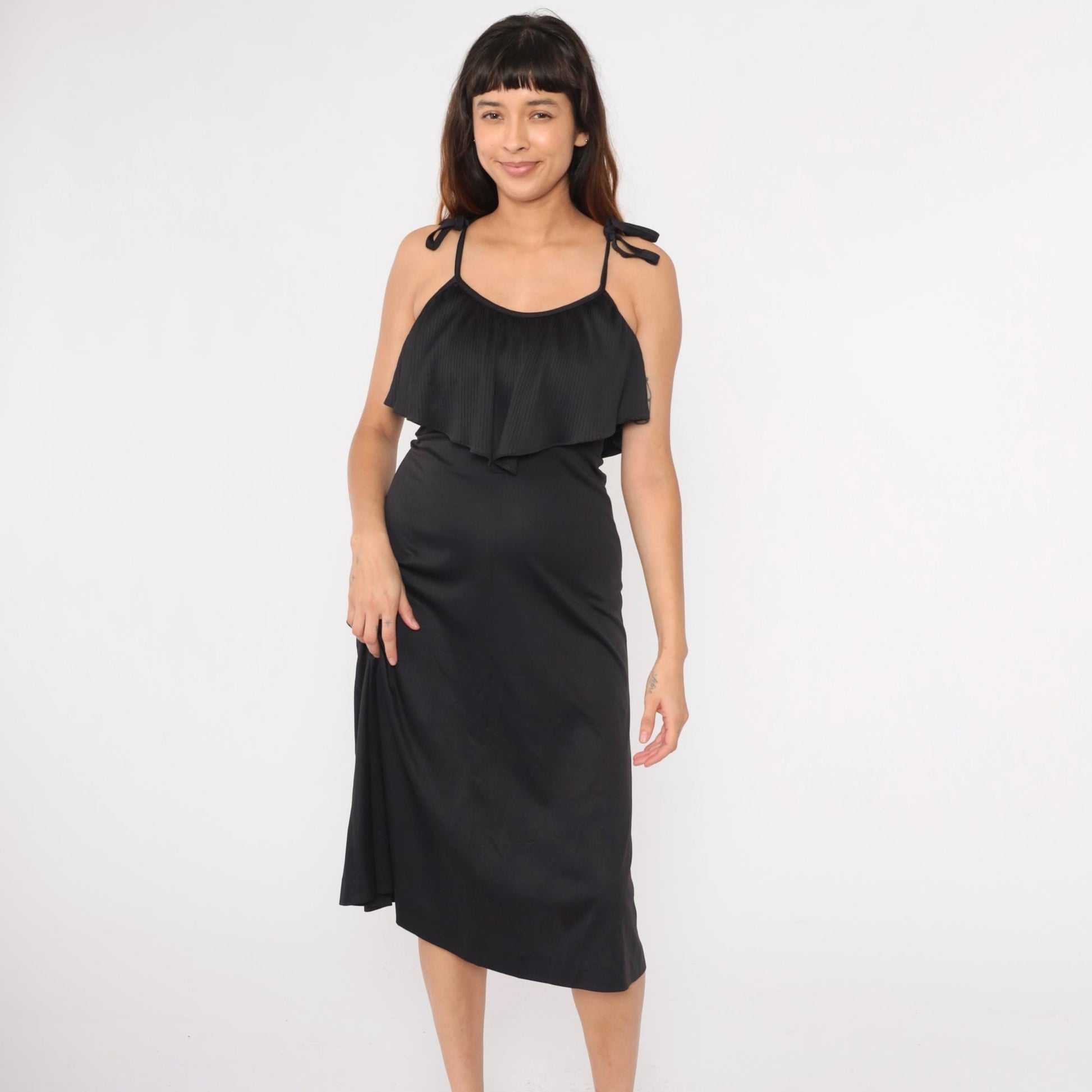 70s Black Midi Dress Ruffled Neckline Spaghetti Strap Disco Small
