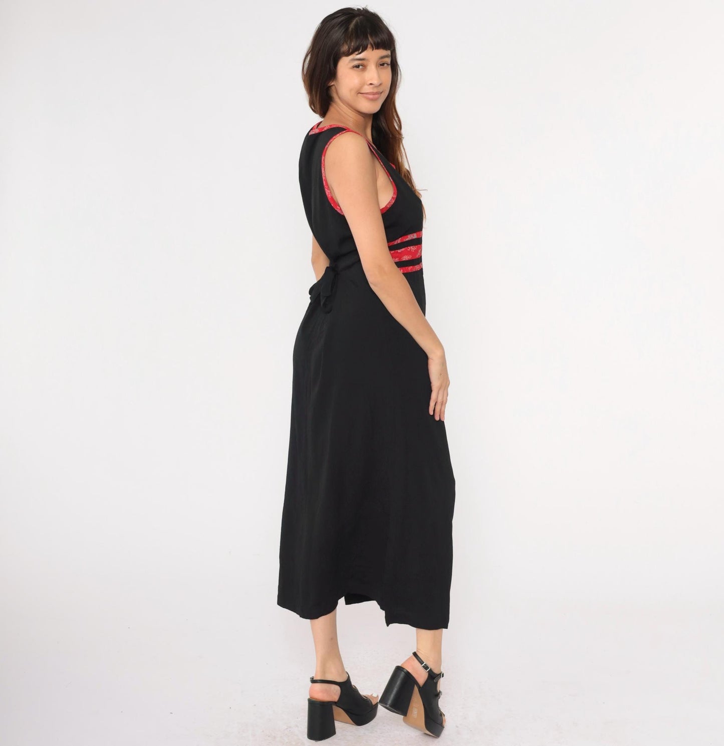 90s Black Maxi Dress Asian Jacquard Trim Sleeveless High Waist Medium