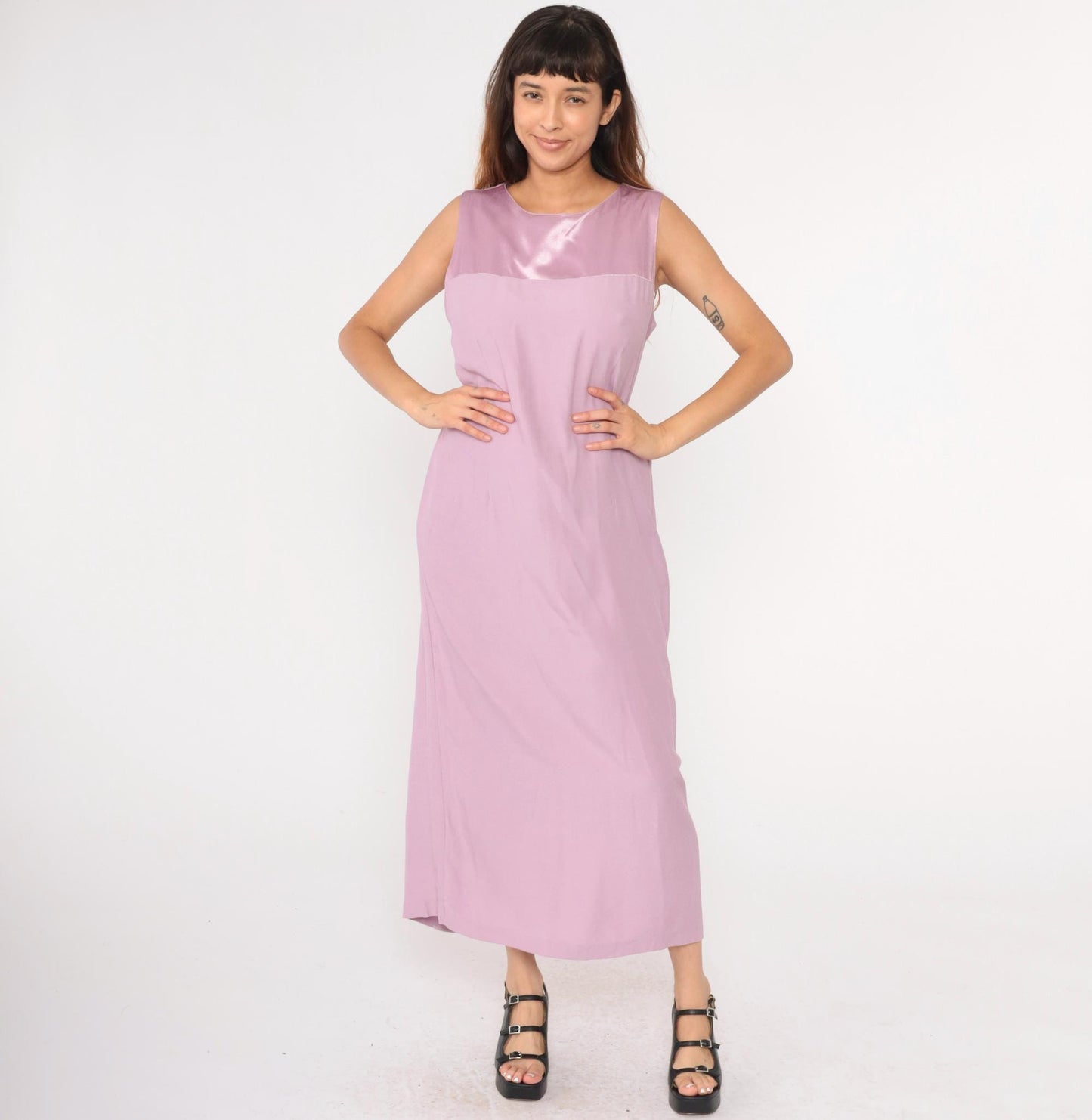 90s Lavender Satin Yoke Maxi Shift Dress Sleeveless Large L