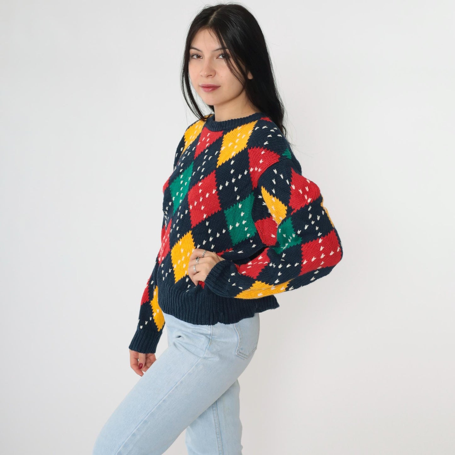 90s LizSport Argyle Sweater Navy Crewneck Pullover Cotton Ramie Medium