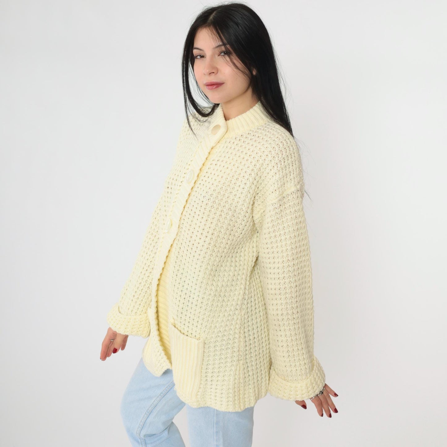 70s Cream Yellow Waffle Knit Cardigan Button-Up Ribbed Collar Pockets Medium Large