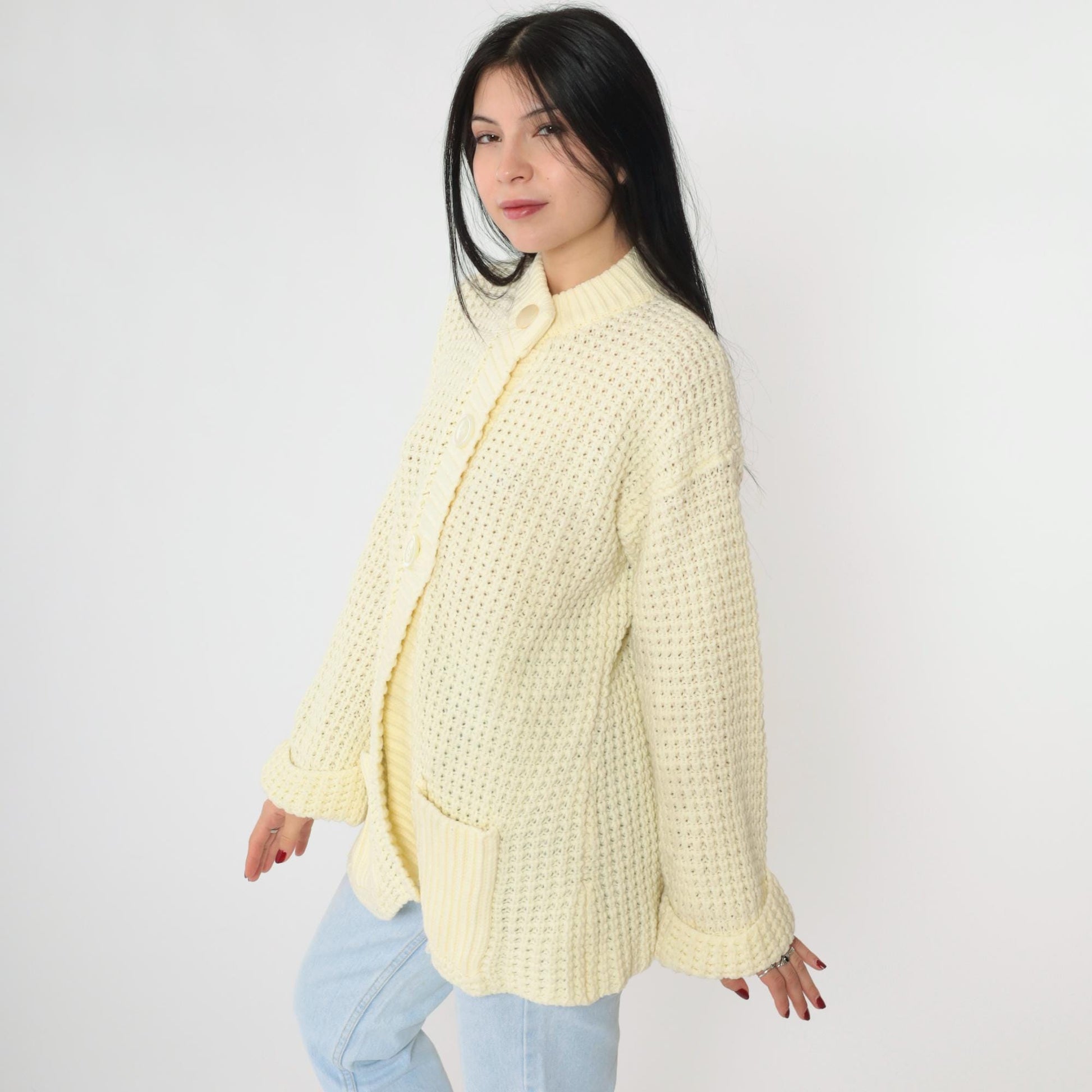 70s Cream Yellow Waffle Knit Cardigan Button-Up Ribbed Collar Pockets Medium Large