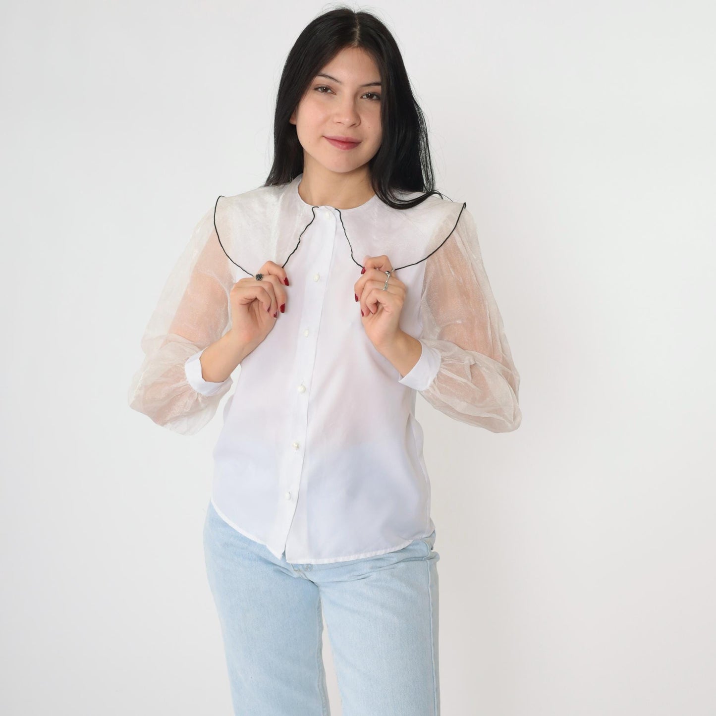 80s White Organza Puff Sleeve Blouse Peter Pan Collar Button Up Small