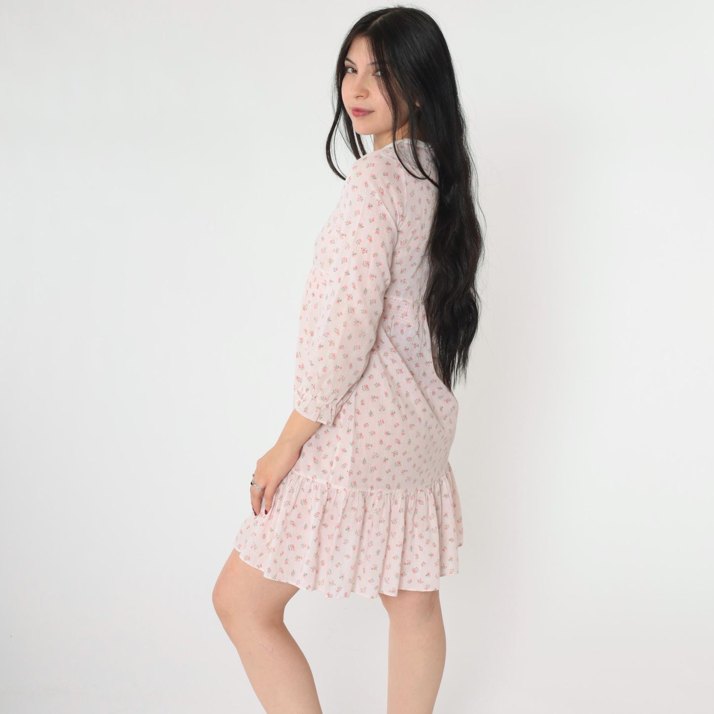 70s Floral Babydoll Dress Baby Pink Empire Waist Mini 3/4 Sleeve Extra Small