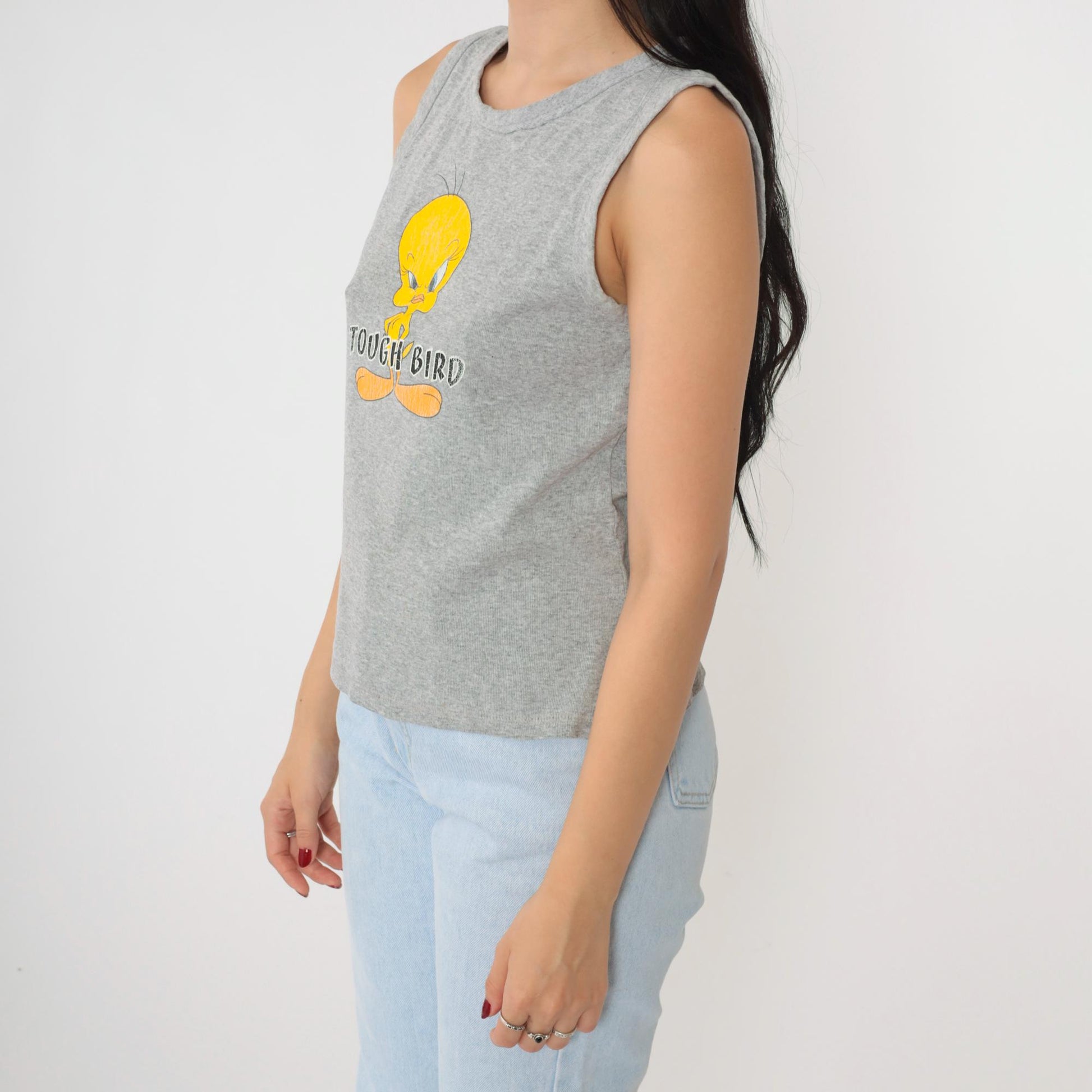 90s Tweety Bird Tough Bird Tank Top Warner Bros Grey Graphic Small