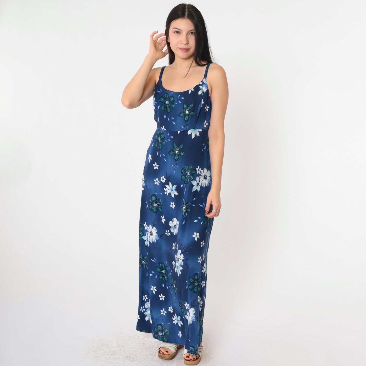 90s Blue Floral Maxi Dress Spaghetti Strap High Waist Medium