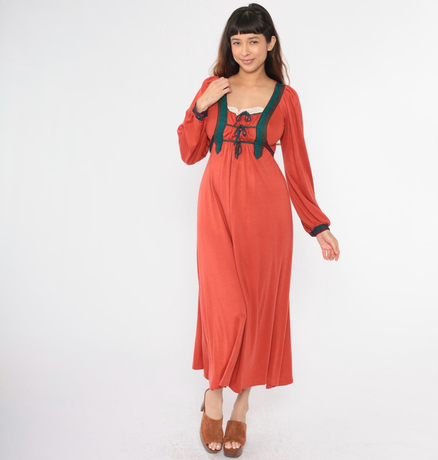70s Rust Orange Prairie Maxi Dress Puff Sleeve Empire Waist Small Medium