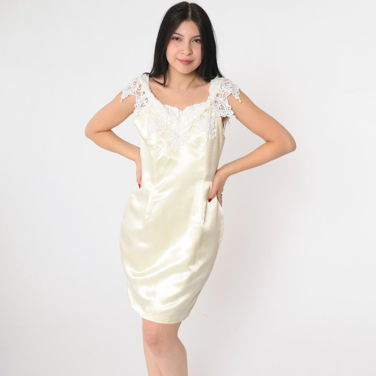 90s Cream Satin Lace Shift Dress Mini Sleeveless Small S