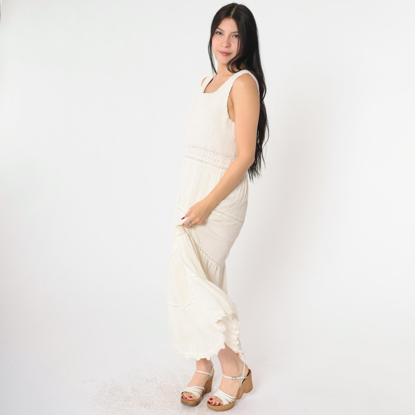 Y2K Cream Crochet Gauze Maxi Dress Sleeveless High Waist Small