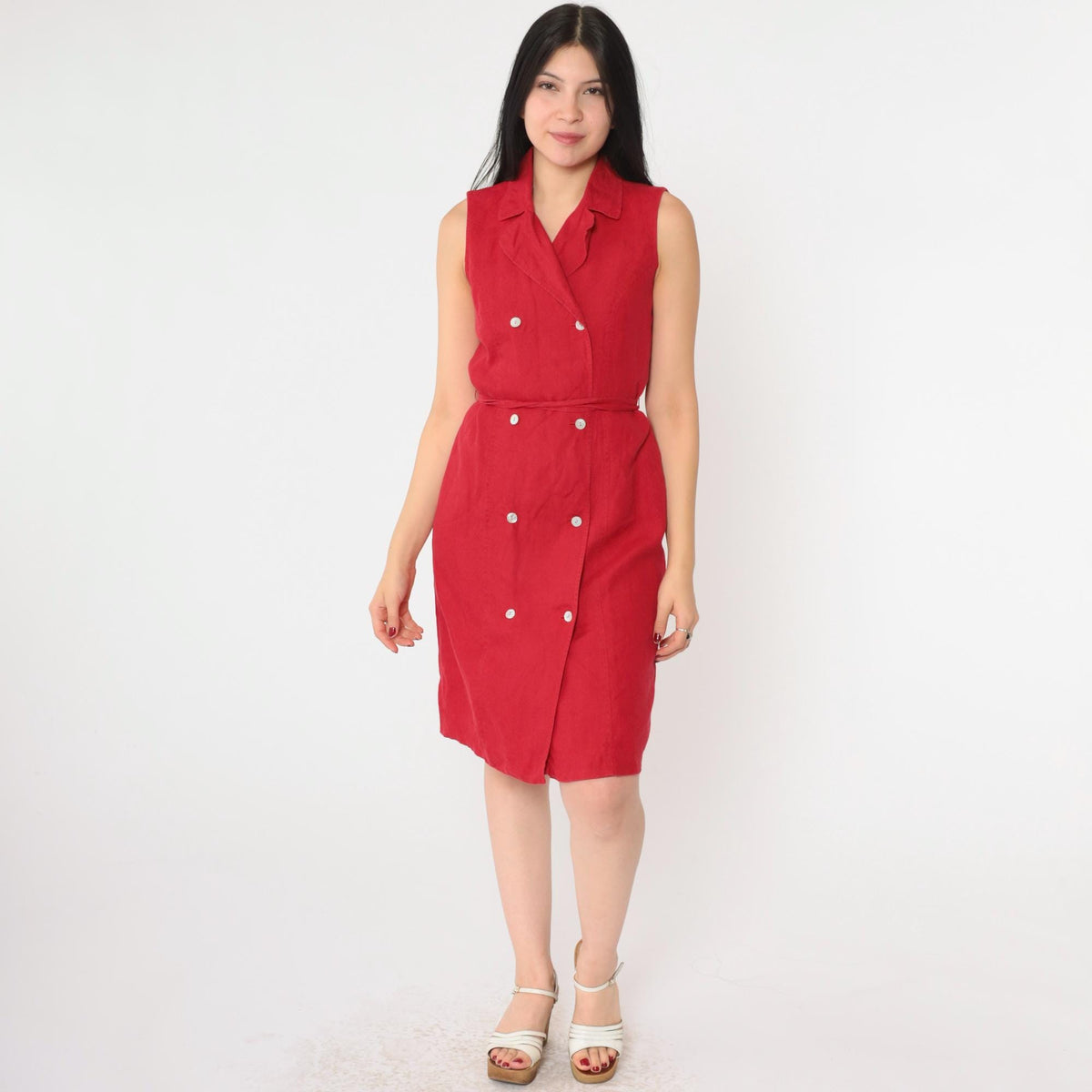 90s Talbots Red Linen Sleeveless Shift Dress Double Breasted Small