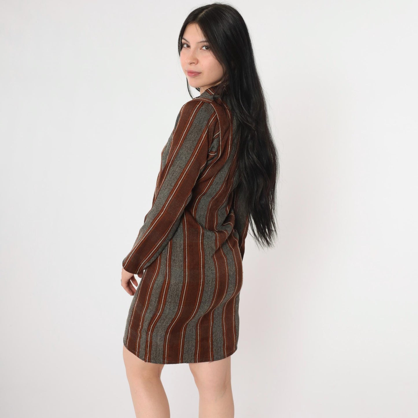 70s Striped Shift Dress Mini V-Neck Long Sleeve Grey Brown Orange Extra Small