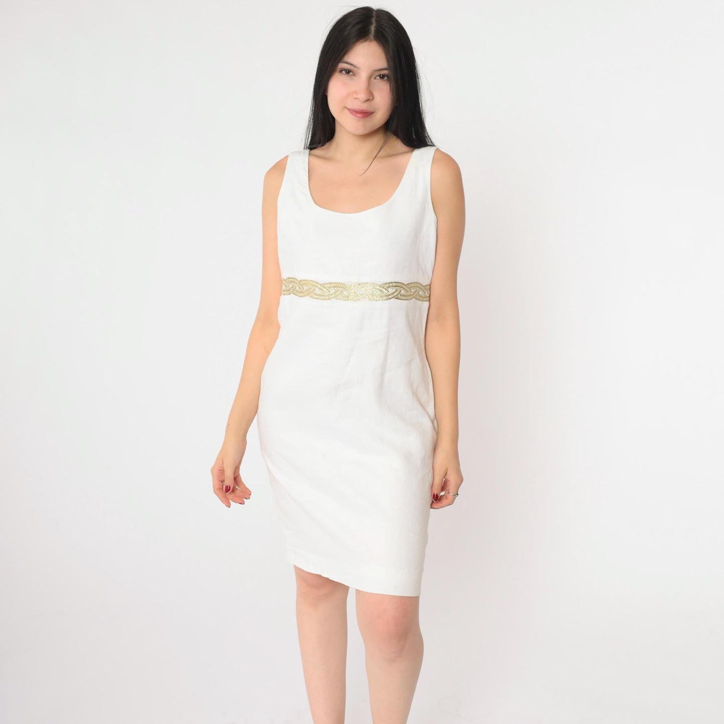 90s White Linen Mini Dress Gold Braided Trim Sleeveless Shift Small 4