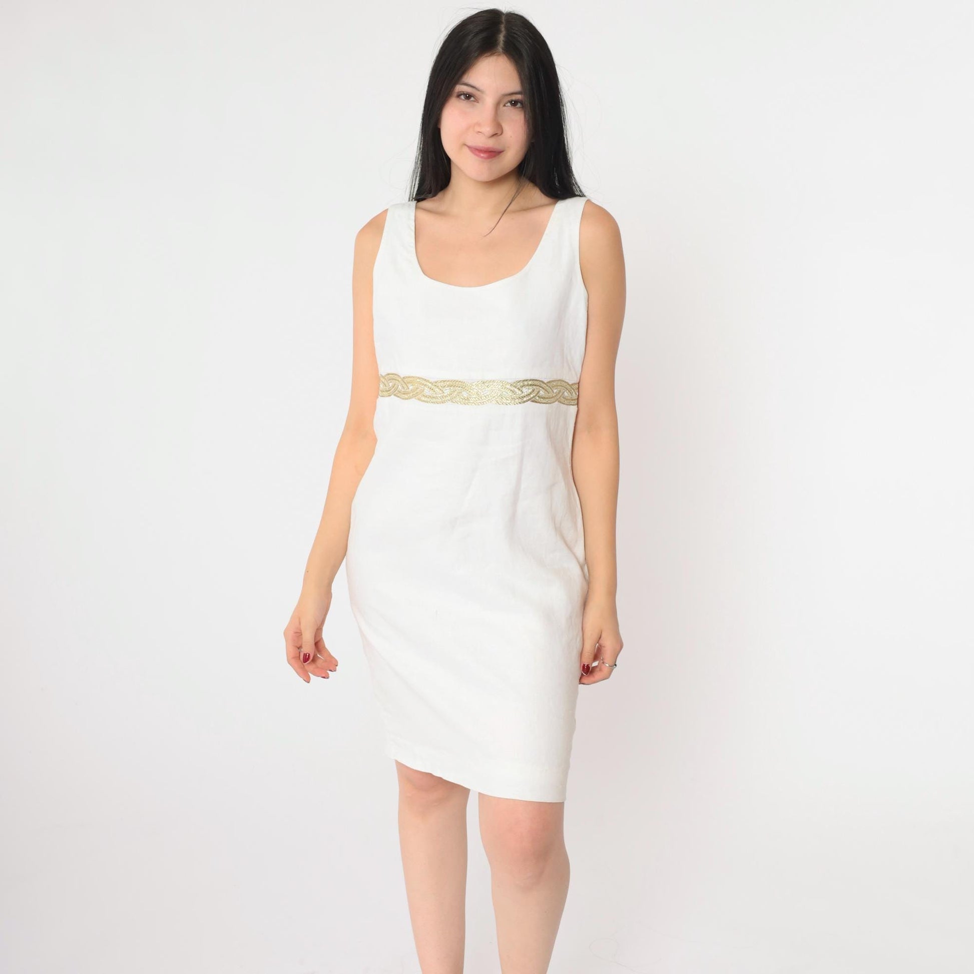 90s White Linen Mini Dress Gold Braided Trim Sleeveless Shift Small 4