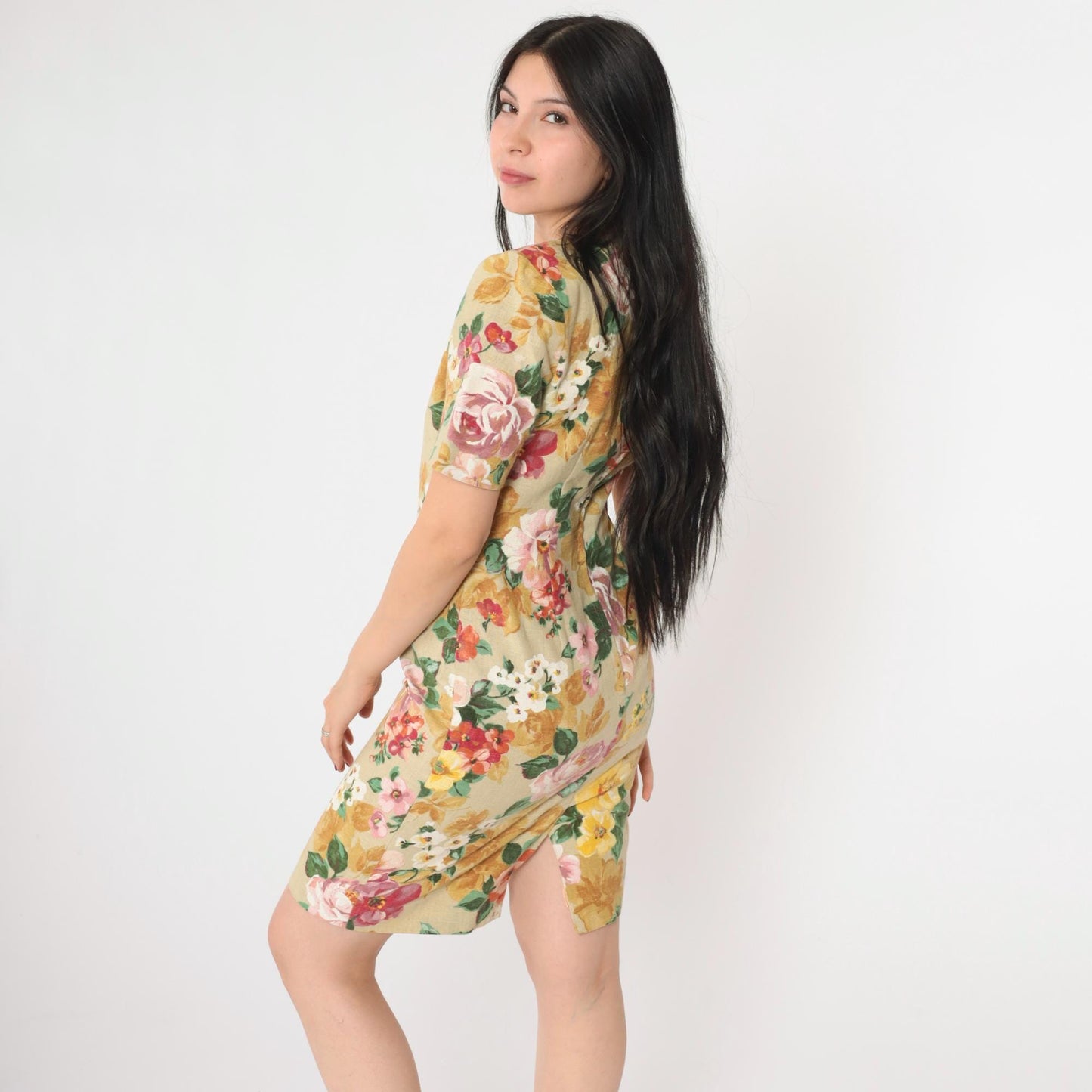 90s Petite Sophisticate Floral Mini Dress Tan Sheath Square Neck Extra Small