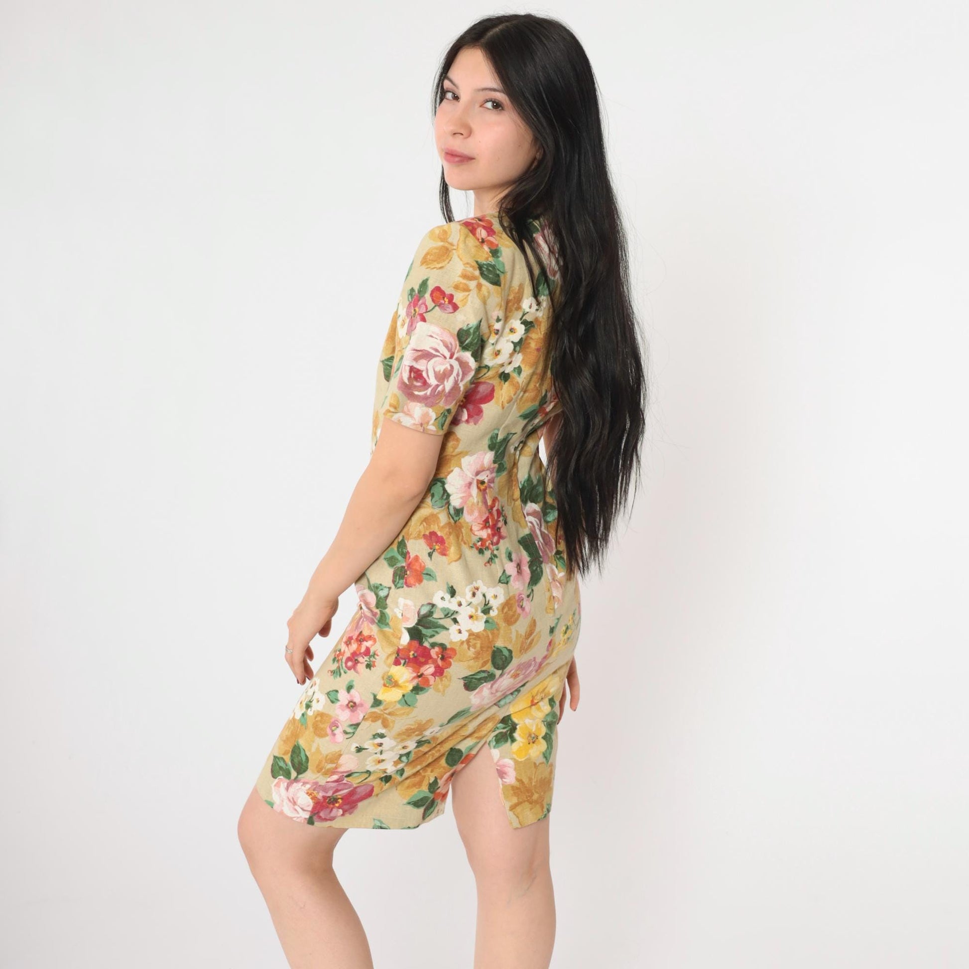 90s Petite Sophisticate Floral Mini Dress Tan Sheath Square Neck Extra Small