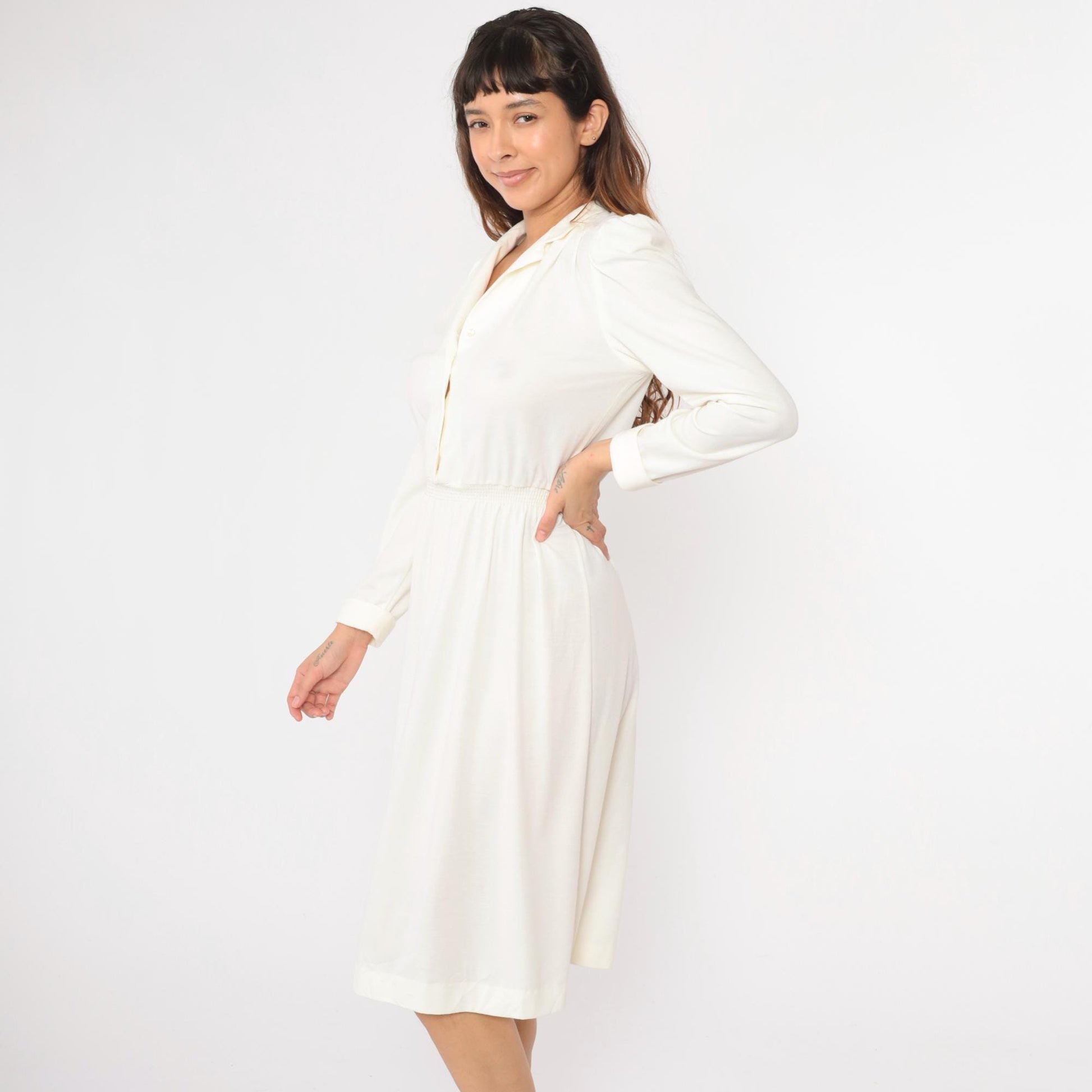 80s Off-White Puff Sleeve Shirtdress Midi High Waist Button Front Small