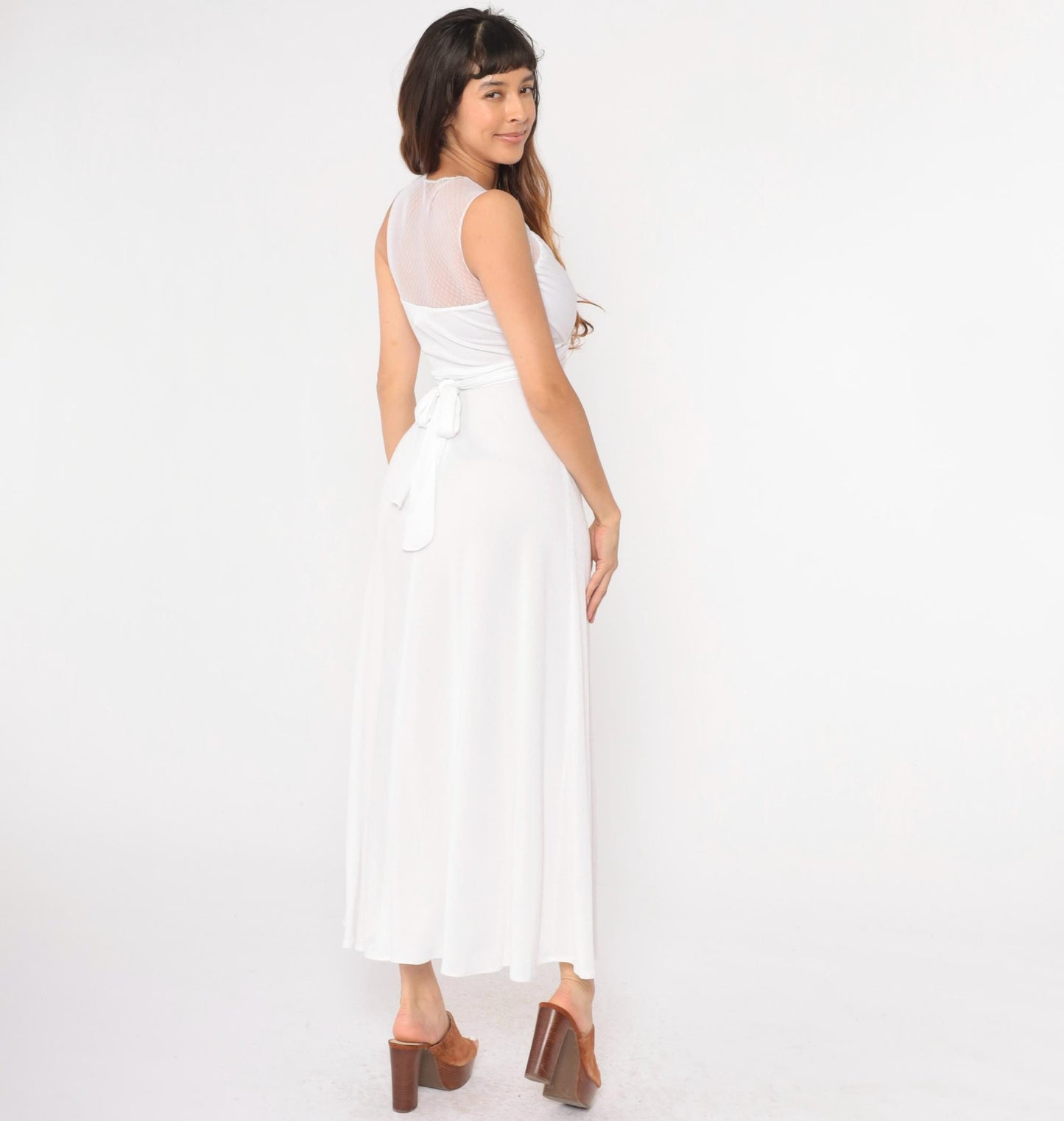 70s White Maxi Dress Sheer Lace Empire Waist Wrap Sleeveless Extra Small