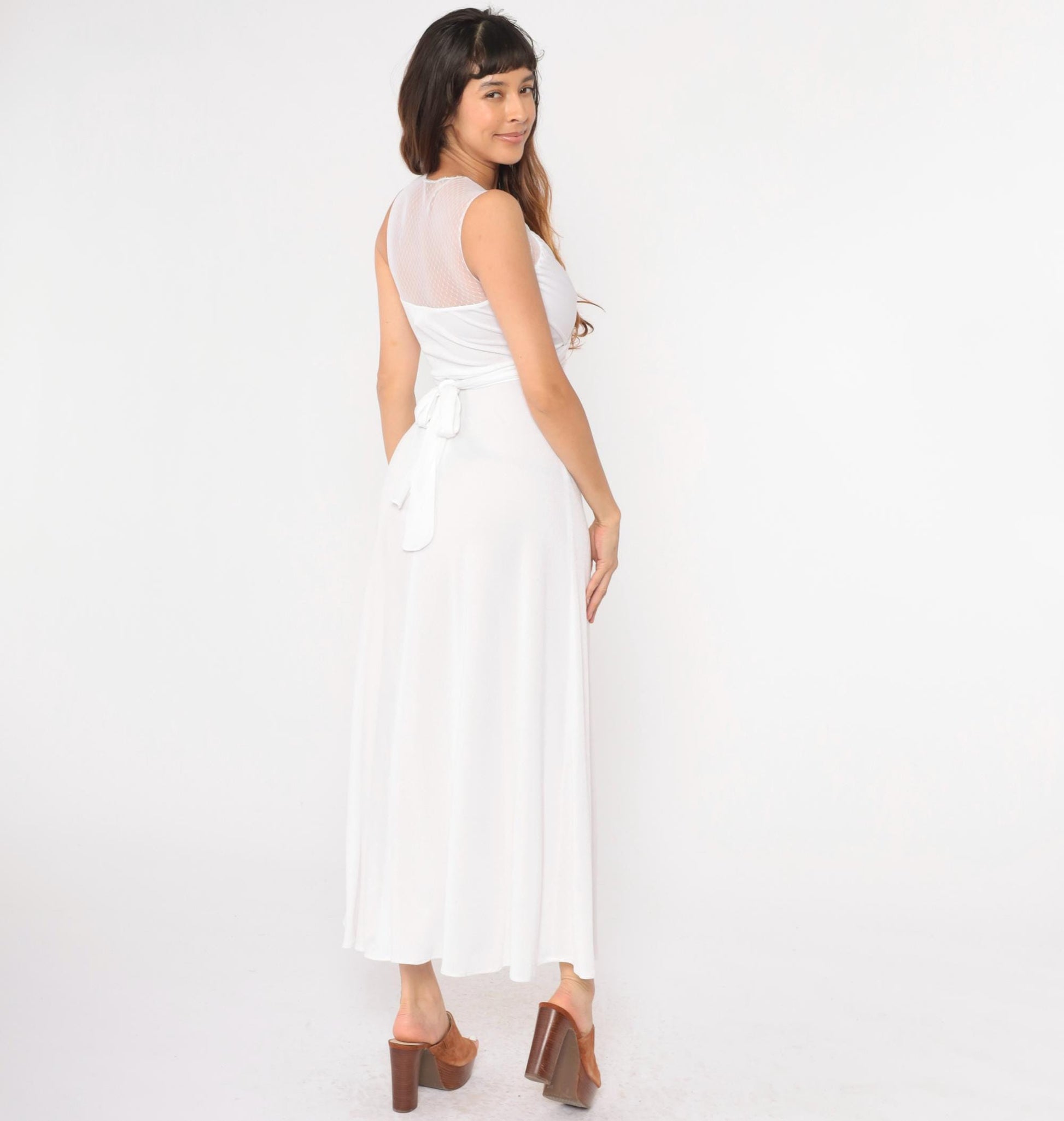 70s White Maxi Dress Sheer Lace Empire Waist Wrap Sleeveless Extra Small