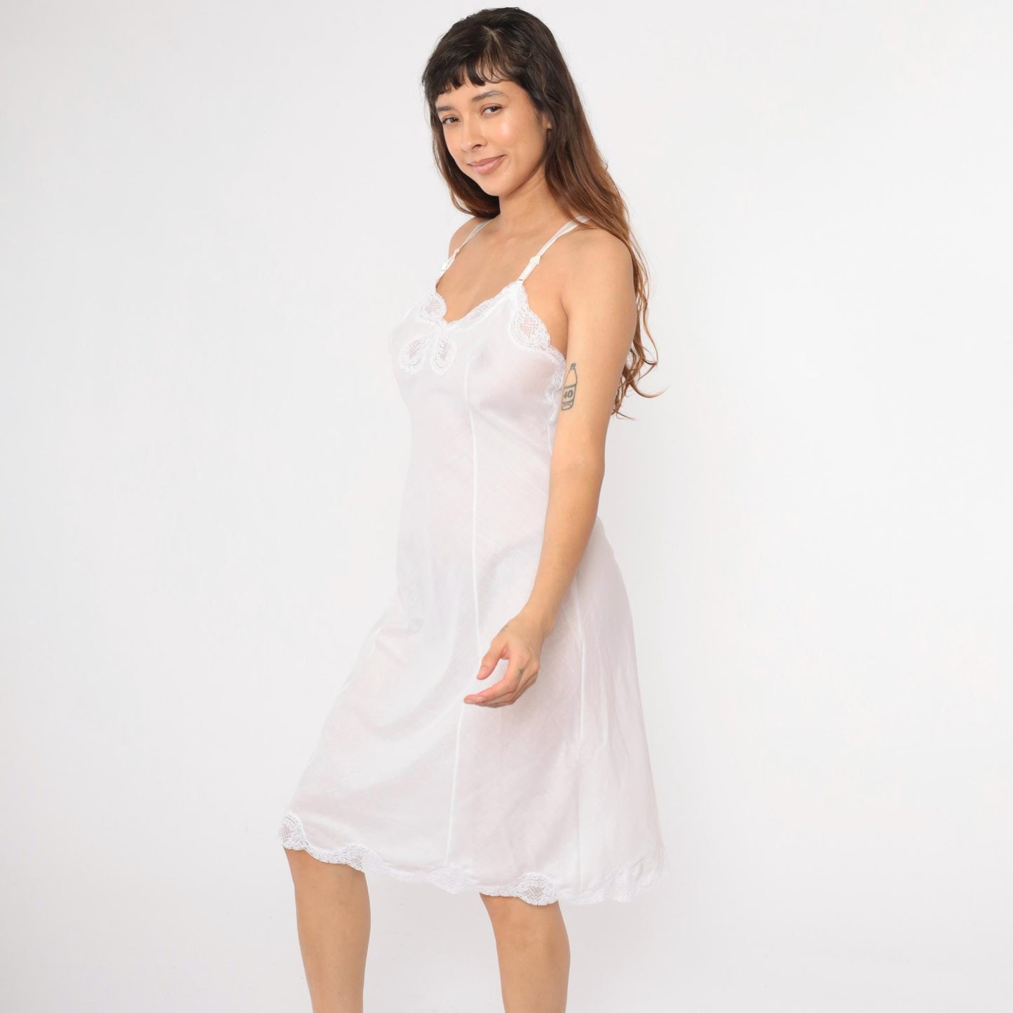 80s White Slip Dress Lace Trim Spaghetti Strap Knee-Length Medium