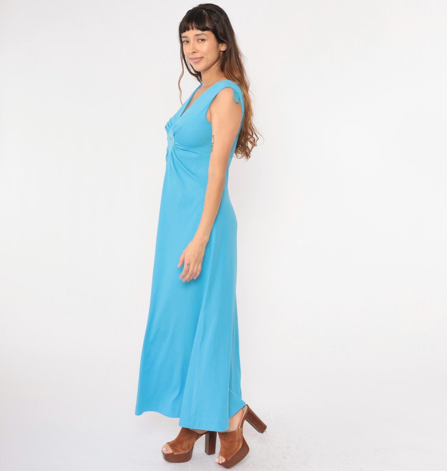 70s Blue Maxi Dress Rhinestone Beaded Empire Waist V Neck Sleeveless Medium