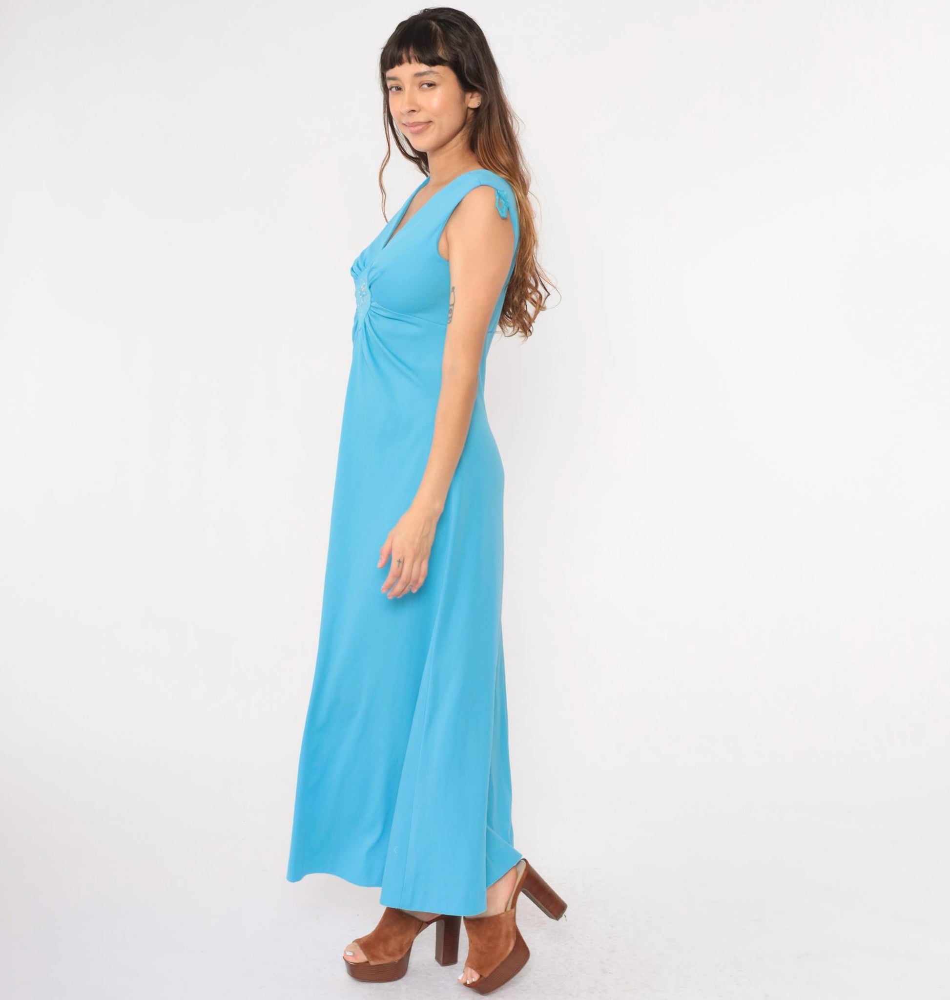 70s Blue Maxi Dress Rhinestone Beaded Empire Waist V Neck Sleeveless Medium