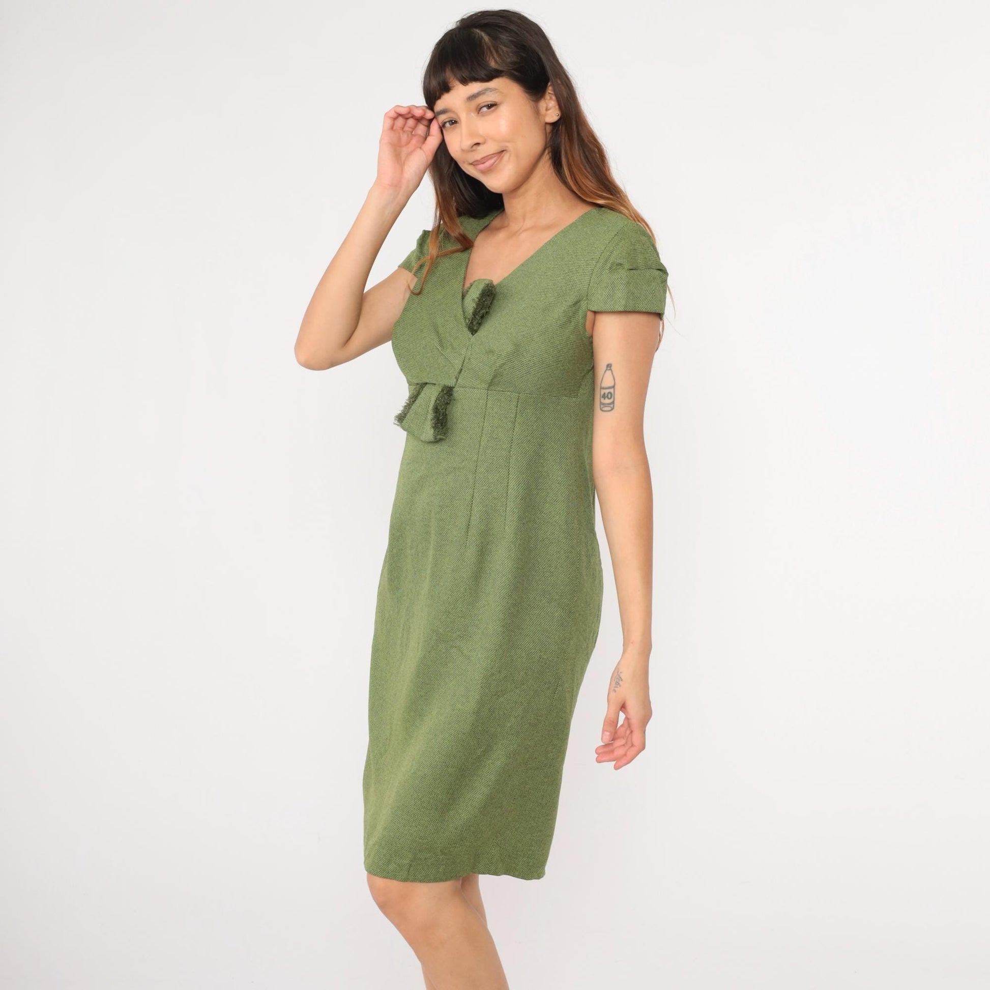 90s Y2K Julian Taylor Olive Green Pencil Dress Fringe Bust Empire Waist Medium