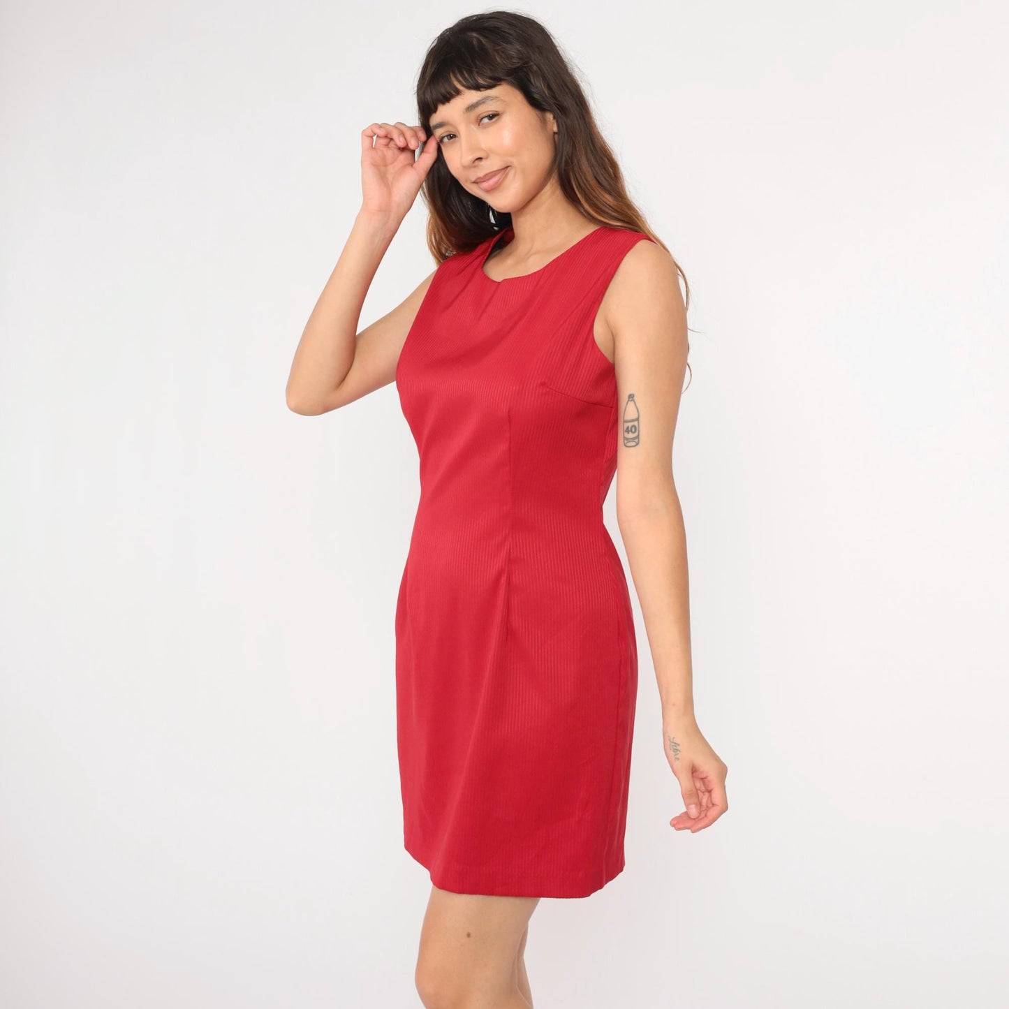 90s Red Striped Mini Sheath Dress Sleeveless Scoop Neck Medium