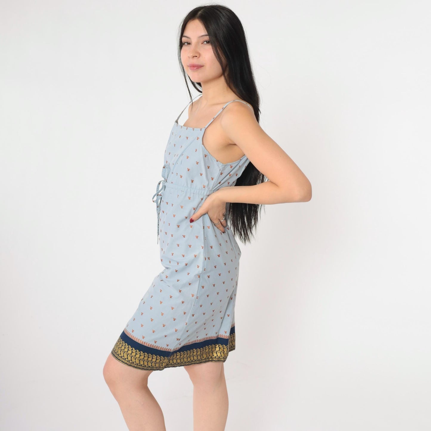 Y2K Metallic Paisley Sundress Light Blue Spaghetti Strap Mini Small