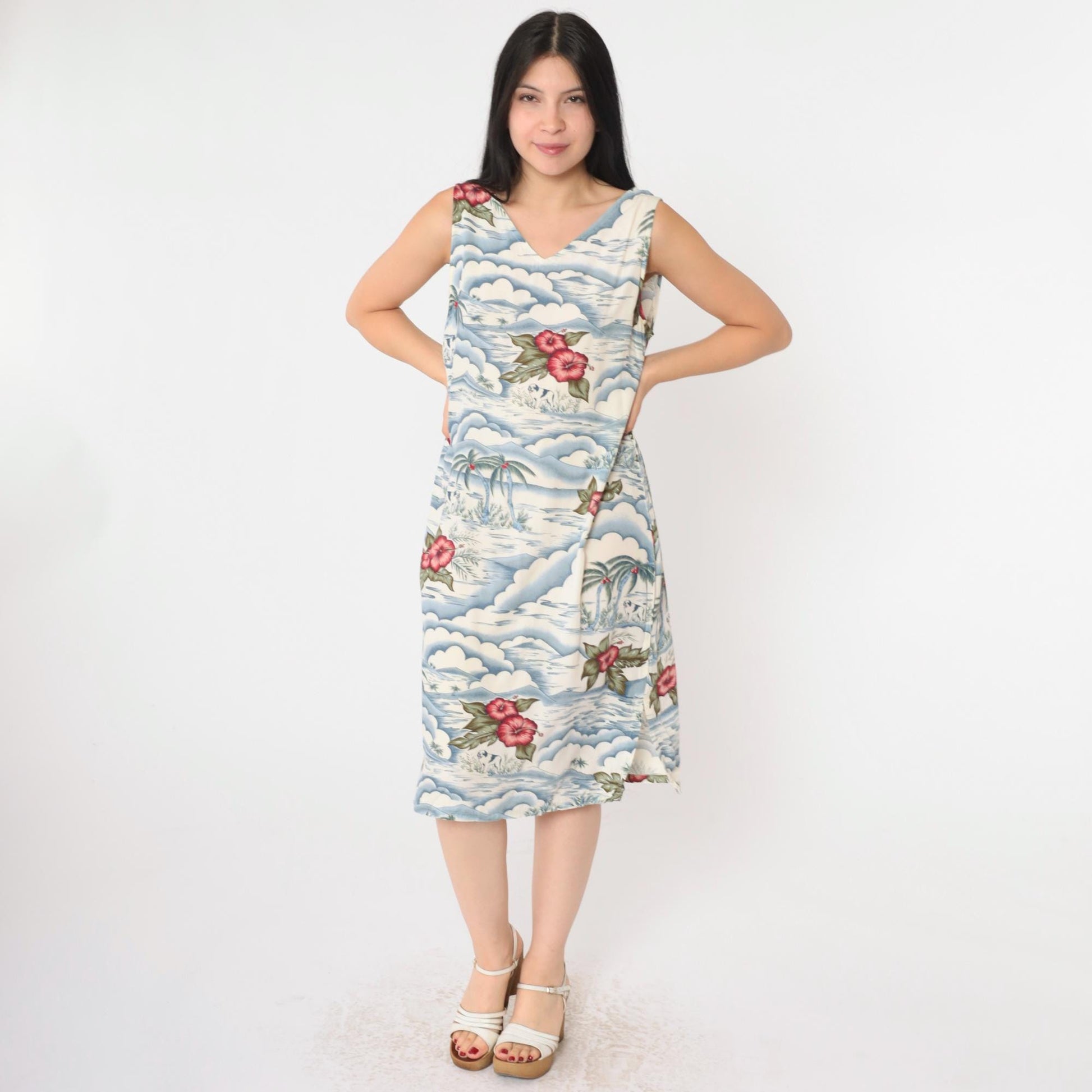 Big Dogs Tropical Floral Rayon Midi Dress V Neck Sleeveless Blue White Large