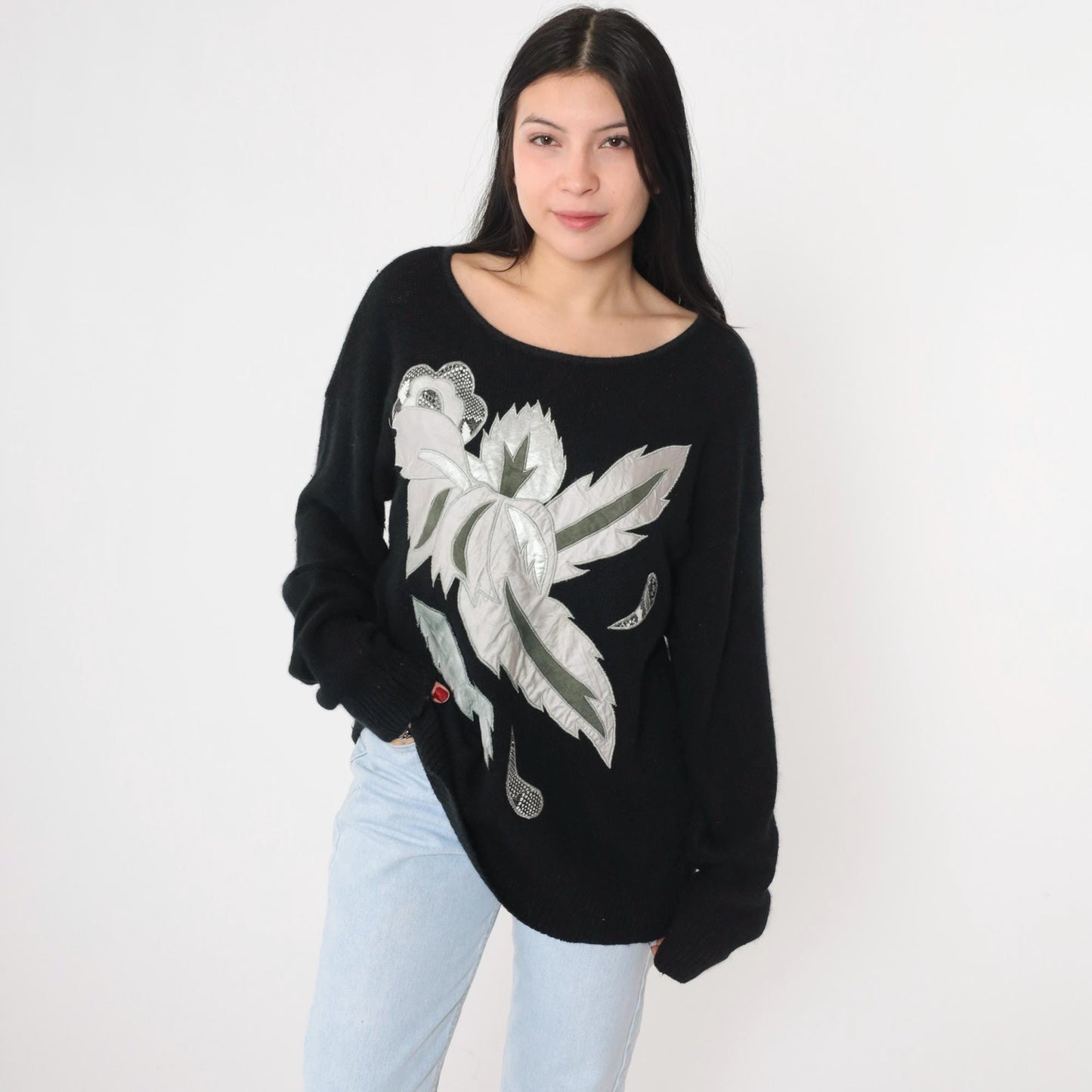 80s Karominz II Silk Angora Sweater Metallic Leaf Print Black Medium