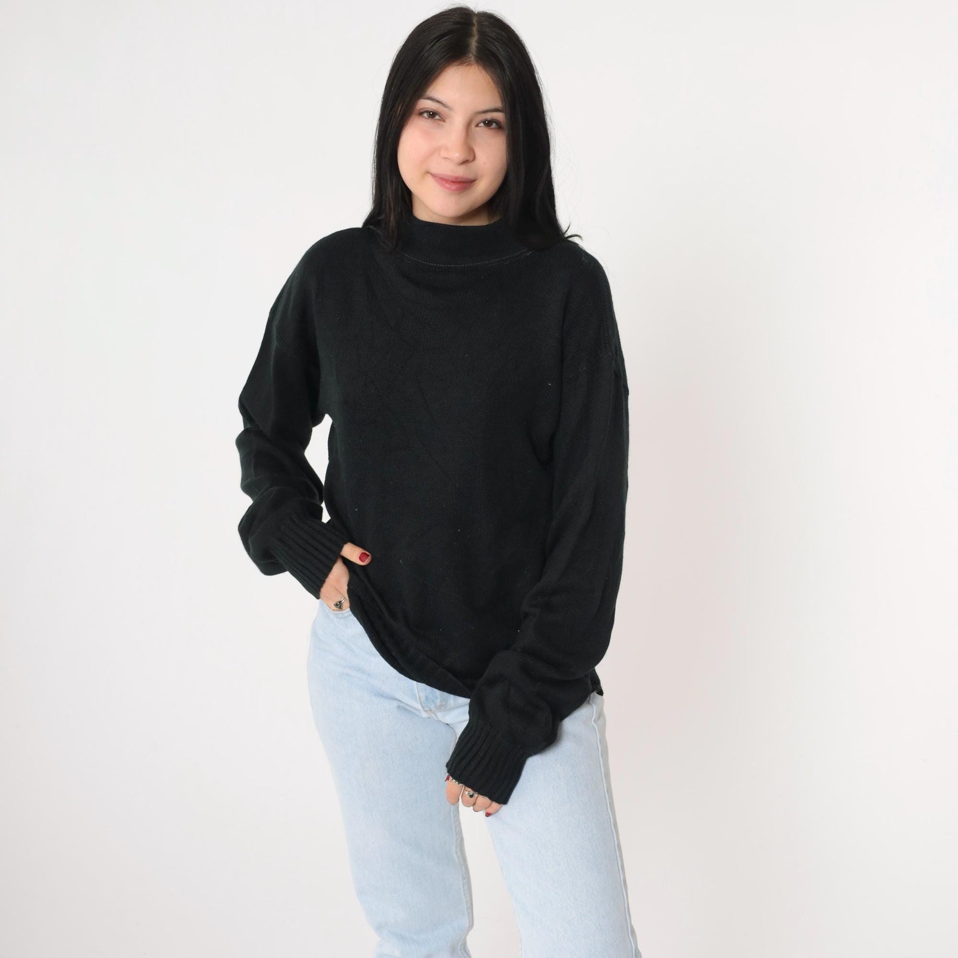 80s Black Knit Mock Neck Pullover Sweater Medium
