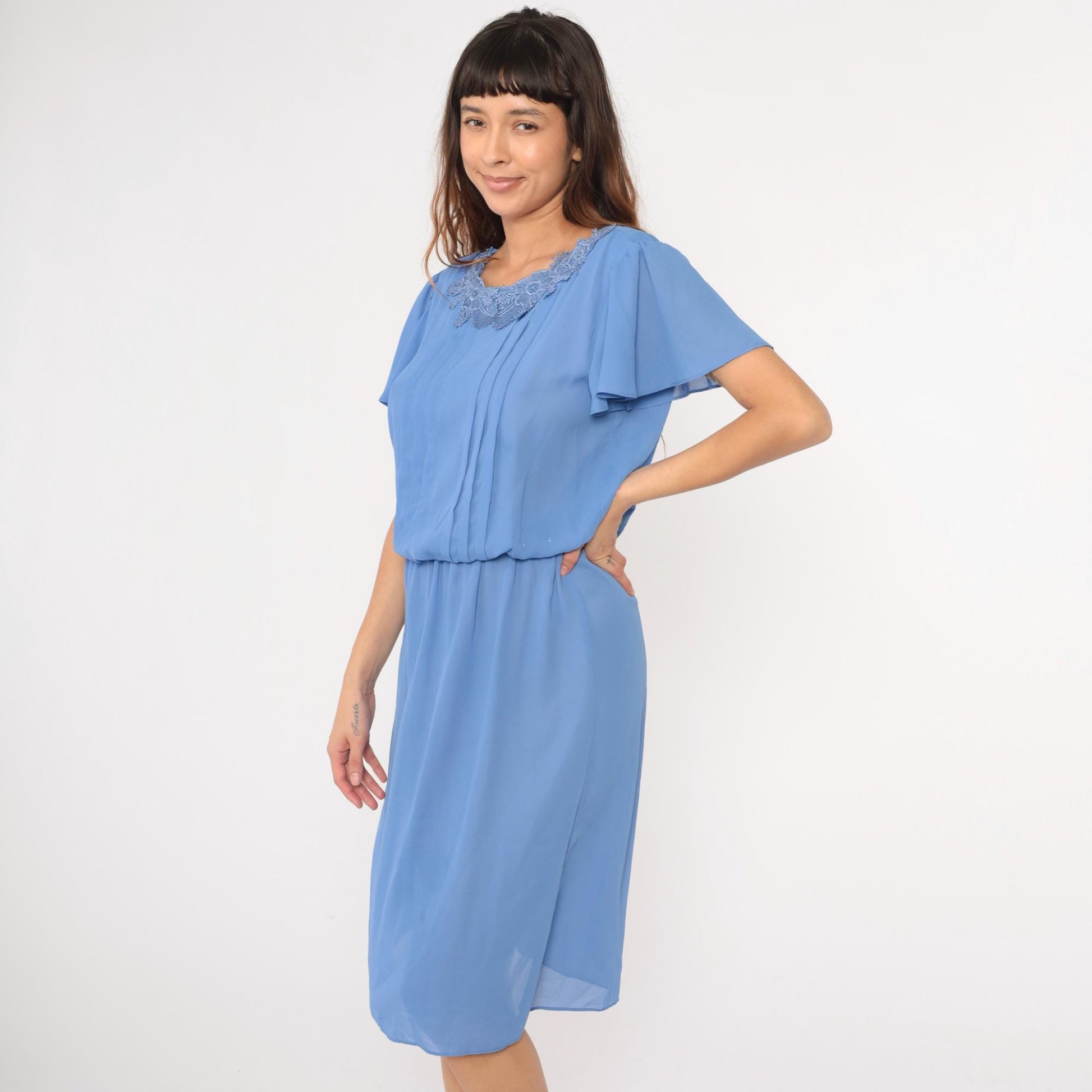 80s Blue Midi Dress Lace Collar Flutter Sleeve High Waist Pleated Medium