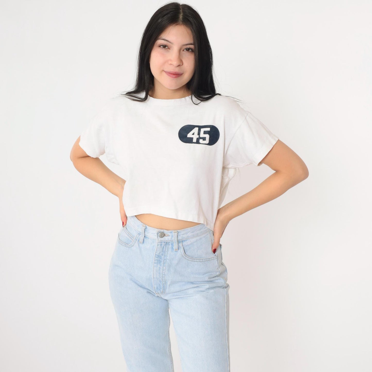 80s Champion Athletic Crop Top Number 45 White Cotton Medium
