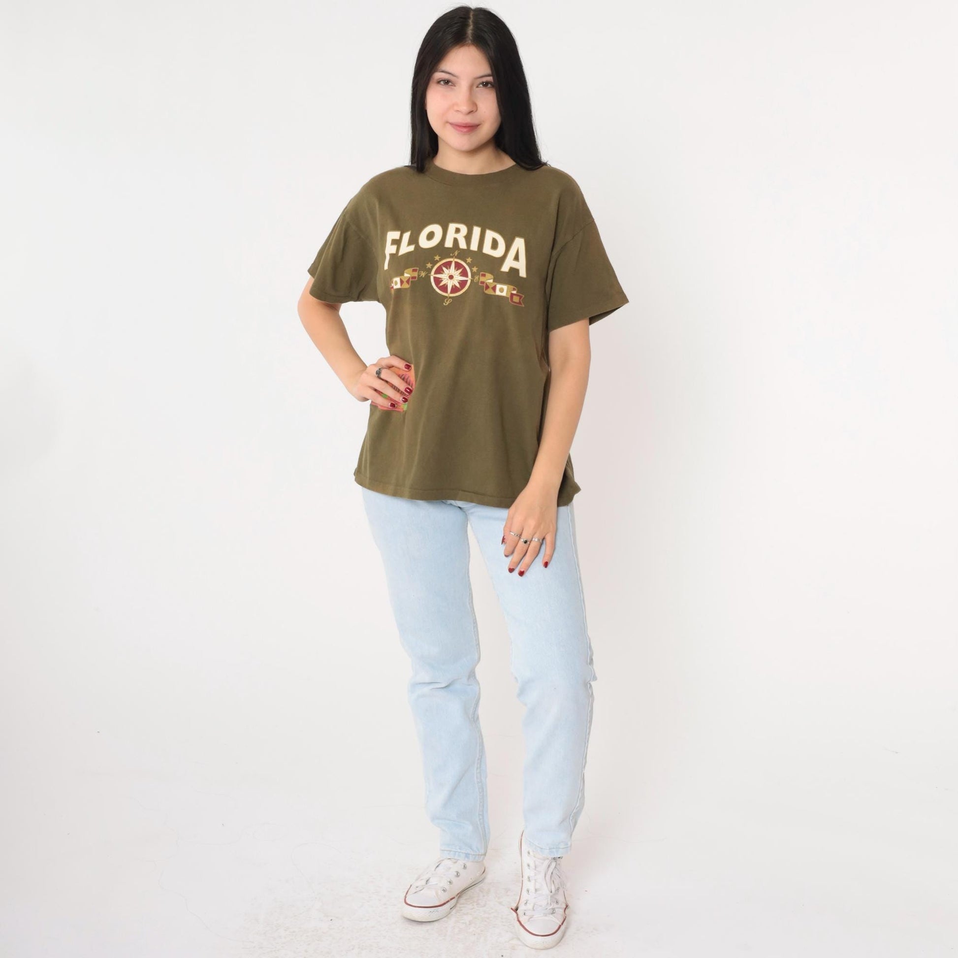 90s Florida Shell Compass Graphic T-Shirt Olive Green Tourist Tee Large L