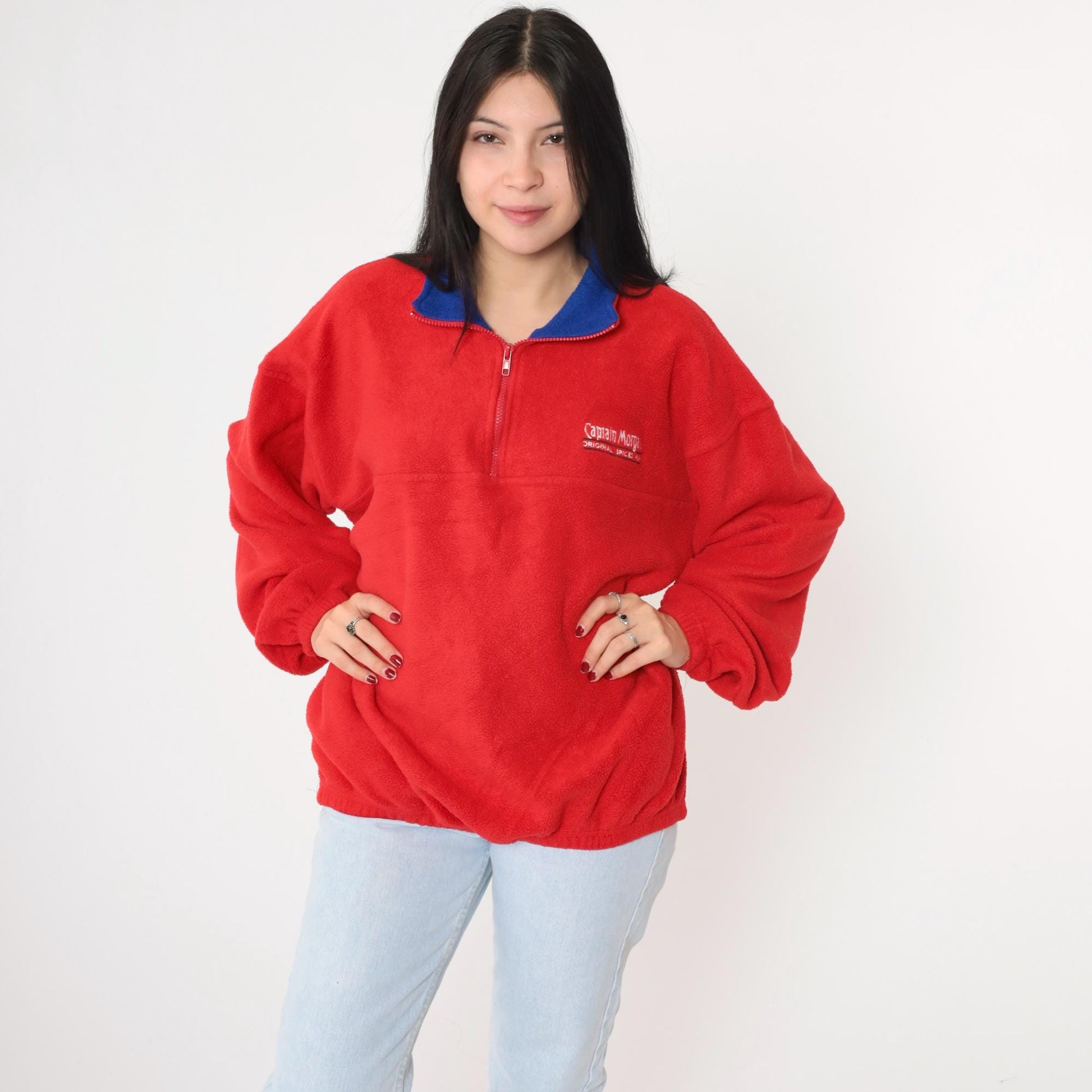 90s Captain Morgan Spiced Rum Quarter Zip Fleece Sweatshirt Red Extra Large XXL