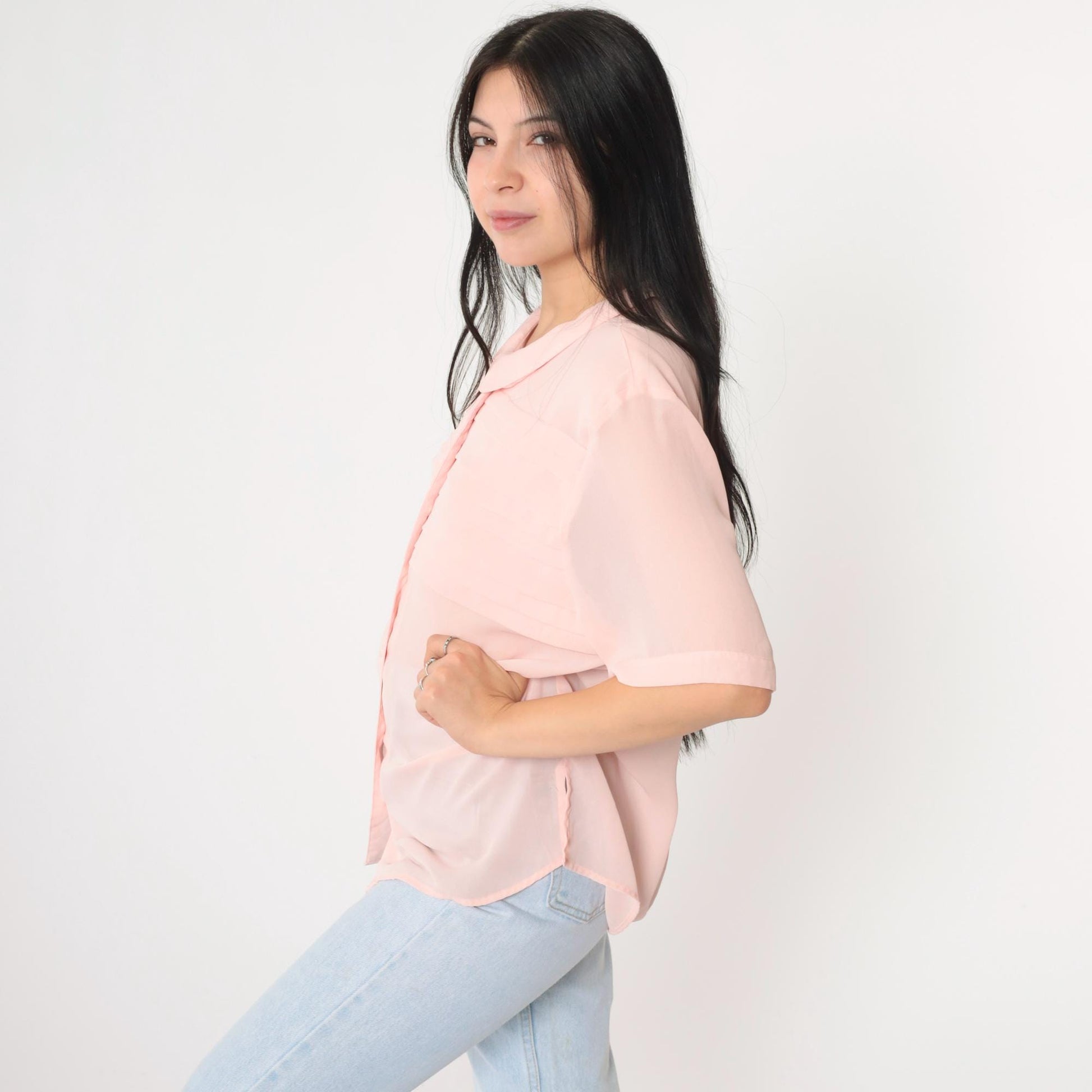 80s Chaus Baby Pink Chiffon Blouse Peter Pan Collar Pleated Short Sleeve Large