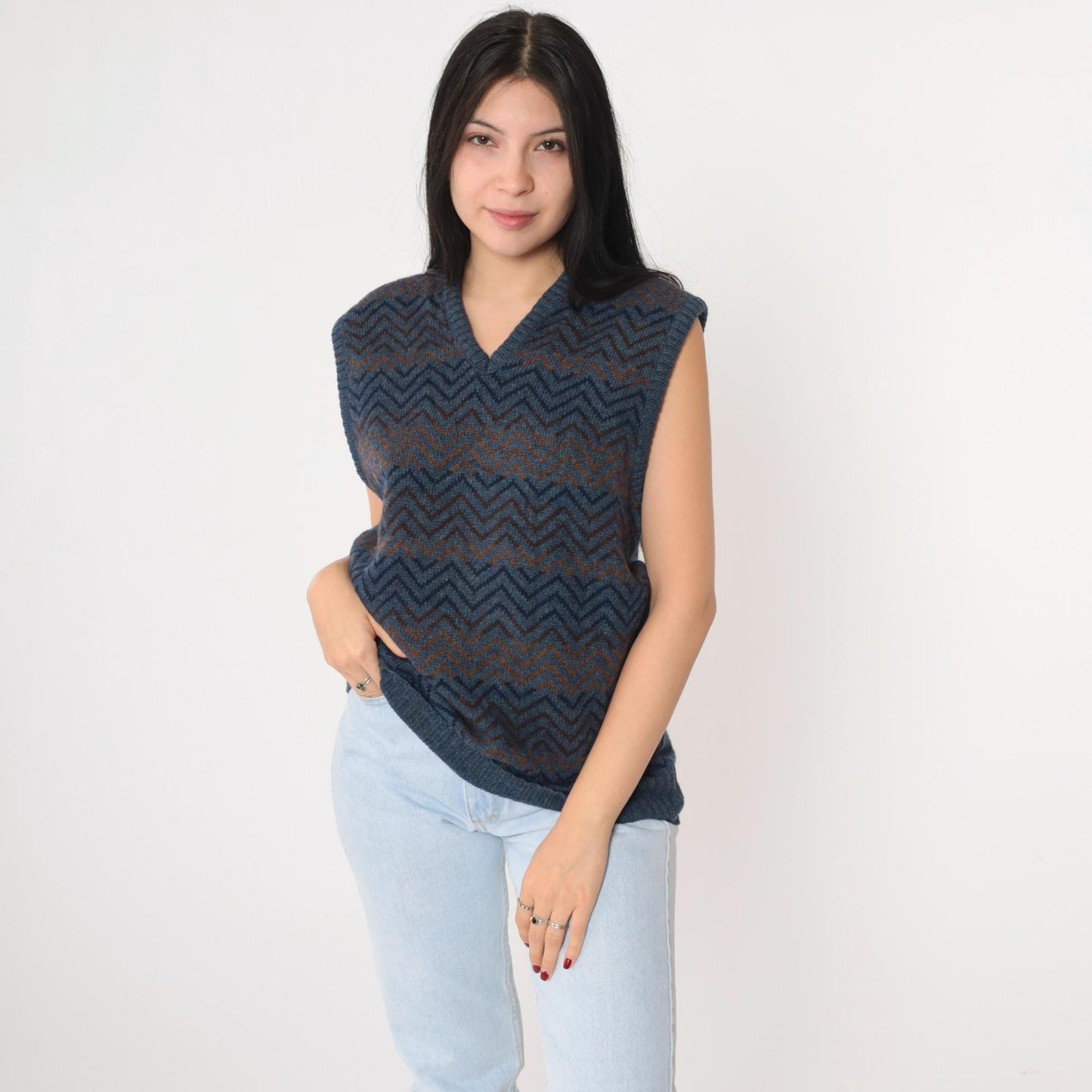 80s Robert Bruce Wool Blend Sweater Vest Zig Zag Stripe Blue V-Neck Medium
