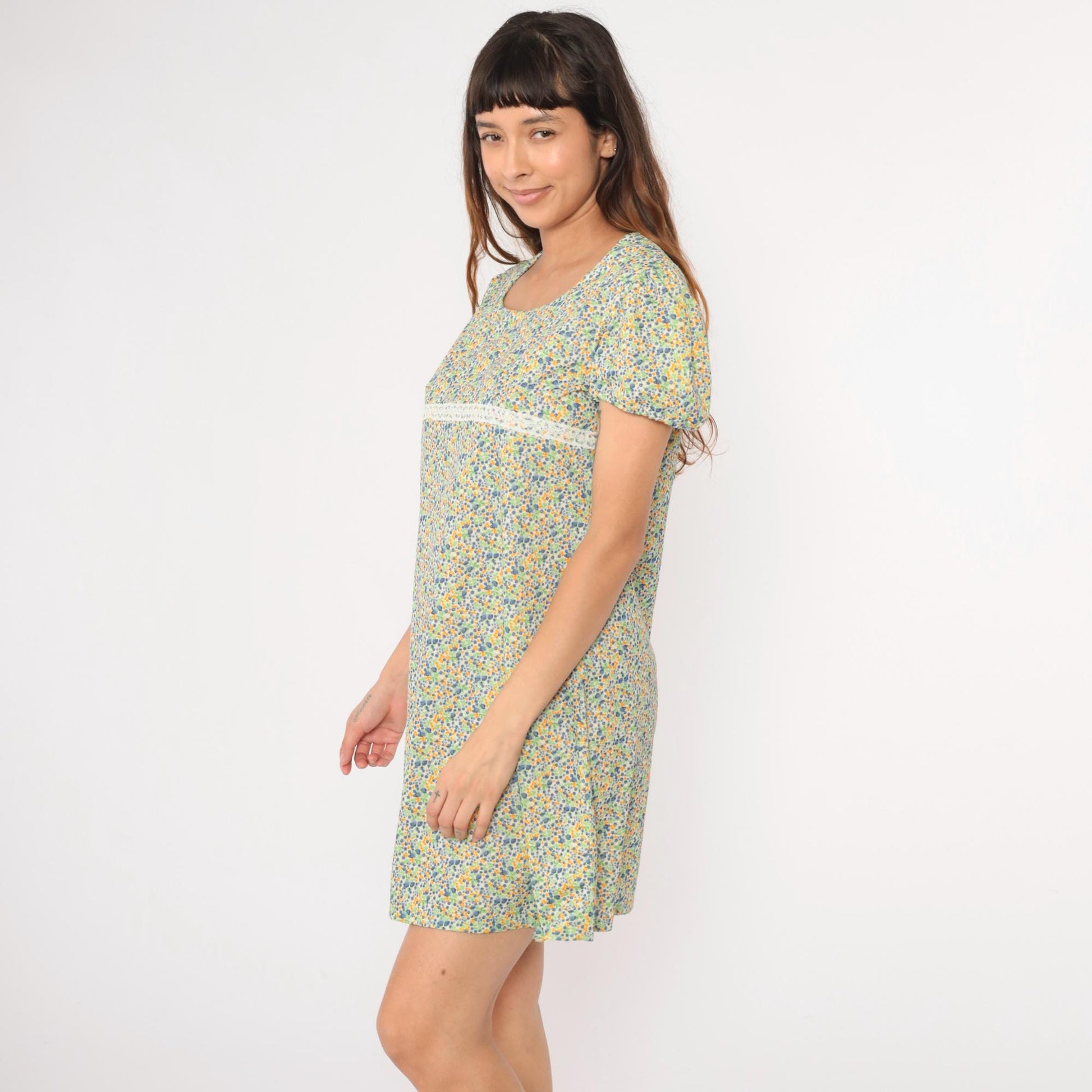 60s Floral Babydoll Dress Puff Sleeve Empire Waist Mini Green Blue Medium