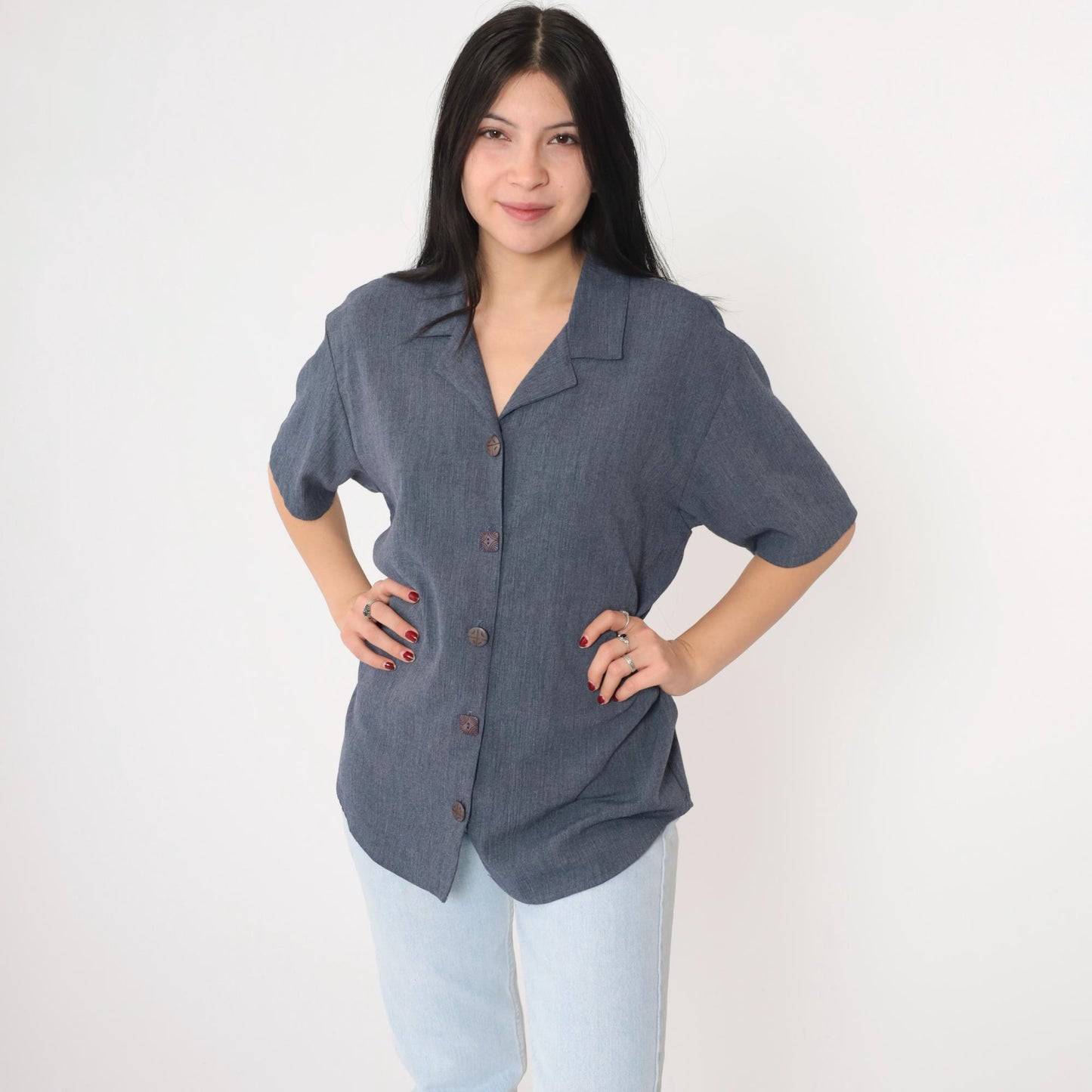 90s Teddi Blueish Grey Button-Up Blouse Short Sleeve Medium