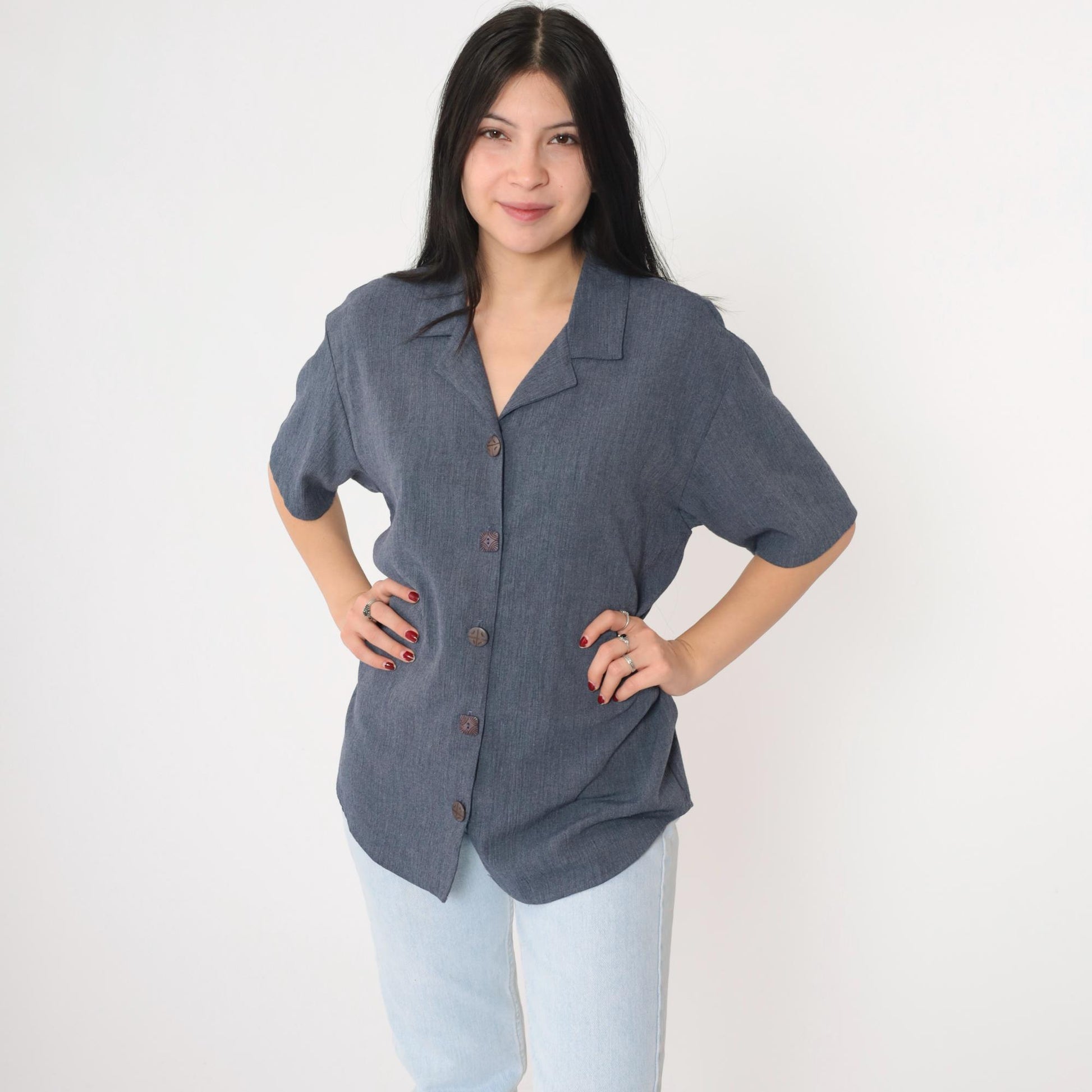 90s Teddi Blueish Grey Button-Up Blouse Short Sleeve Medium